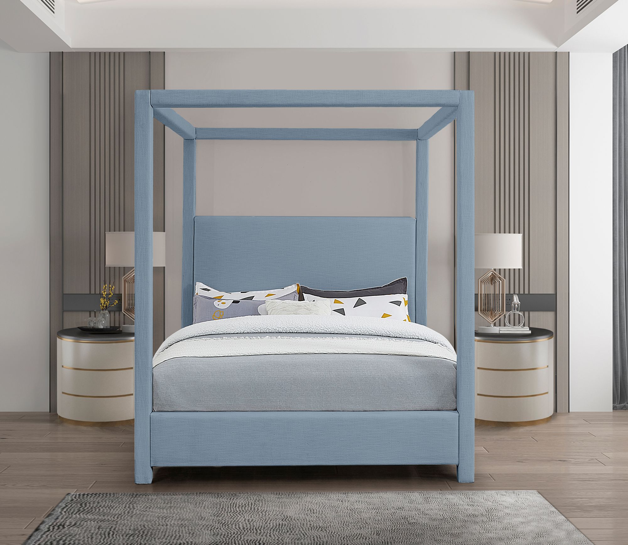 Emerson Linen Fabric Queen Size Canopy Bed