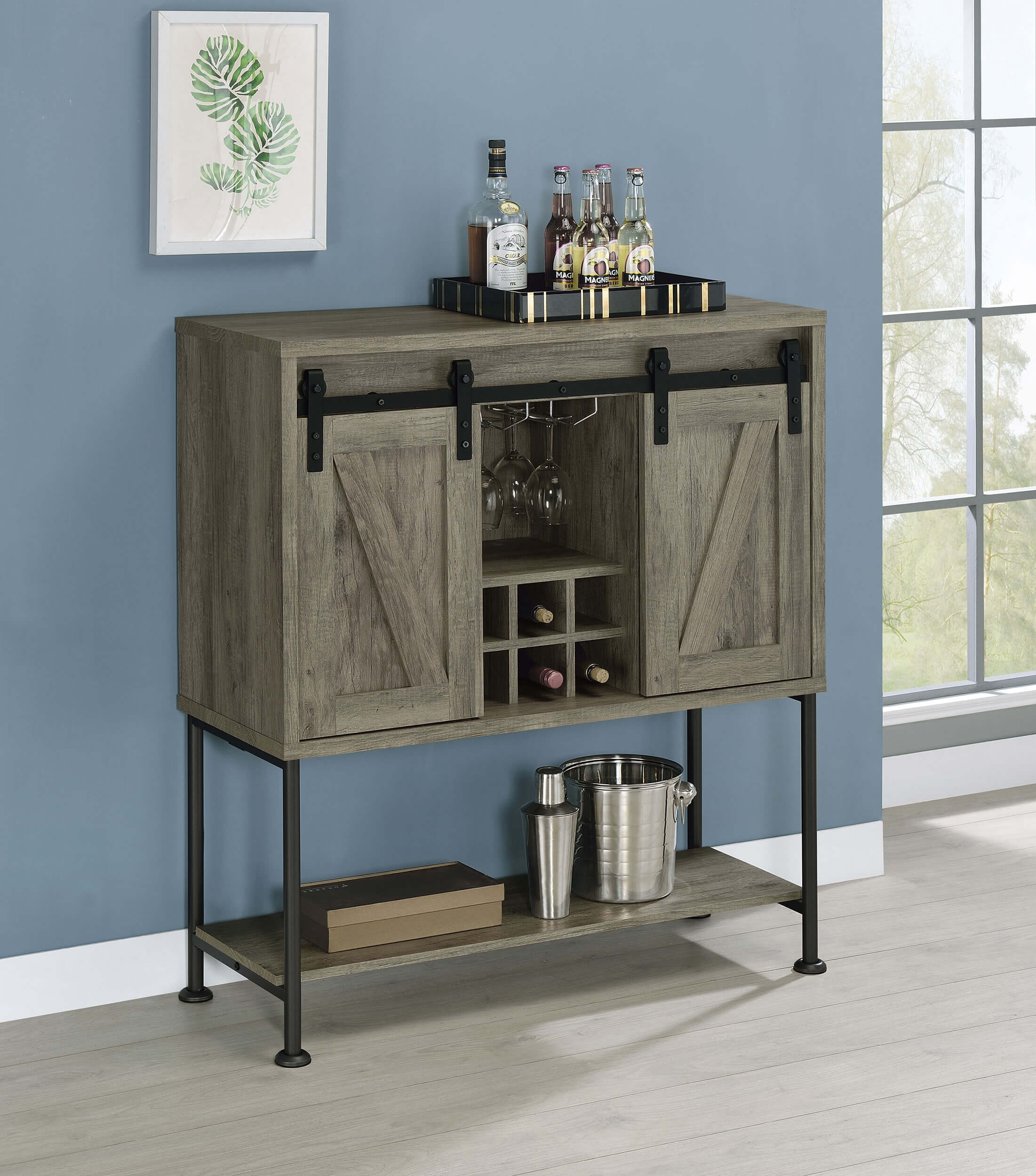 Claremont Wood Veneer Sliding Door Bar Cabinet with Lower Shelf