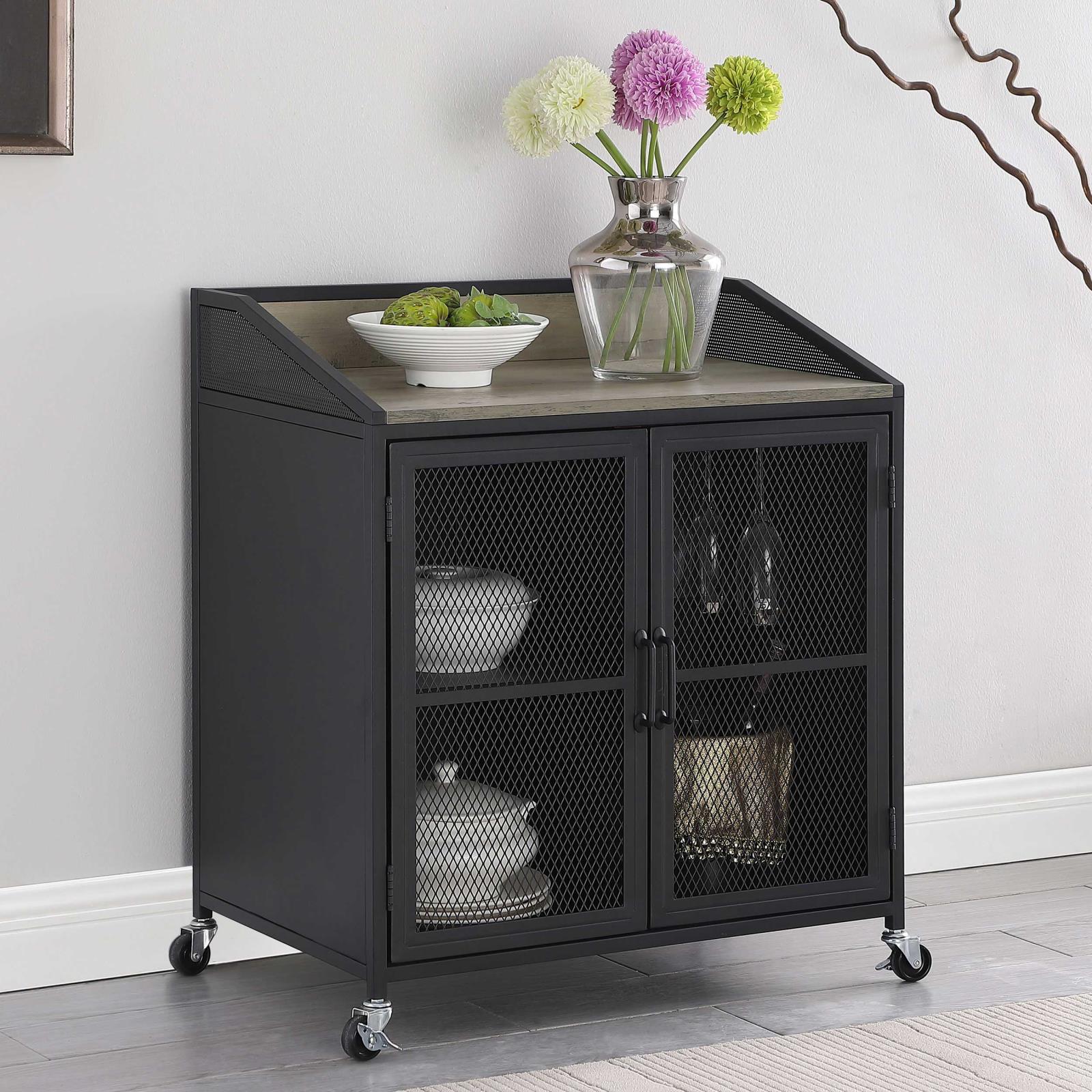 Arlette Wood Veneer Wine Cabinet with Wire Mesh Doors
