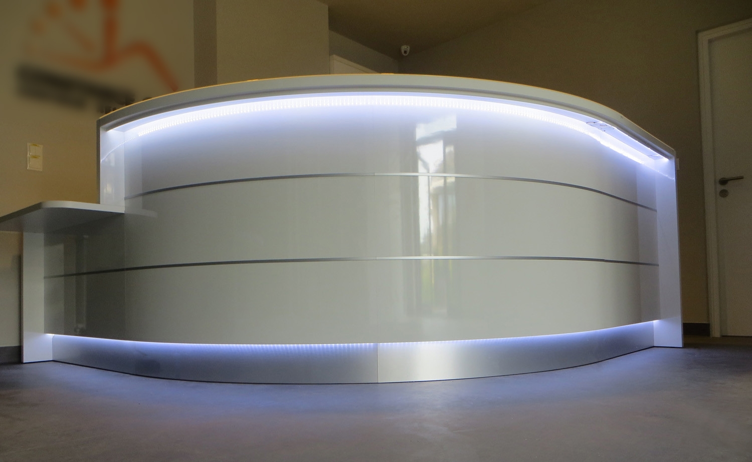 Valde 96" Corner Reception Desk w/Counter Top in white front with LED light