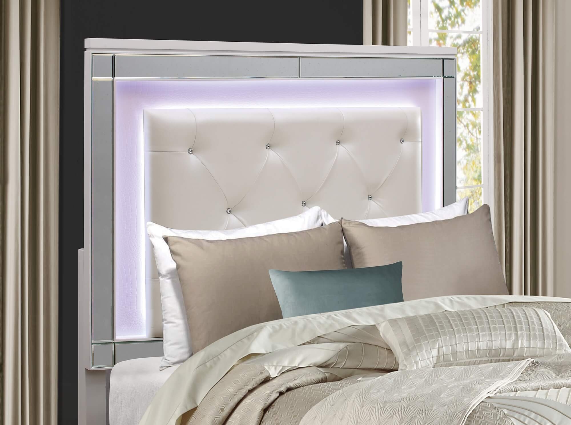 Alonza Faux Alligator/Beveled Mirror Panel Bed w/ LED Lighting, King Size