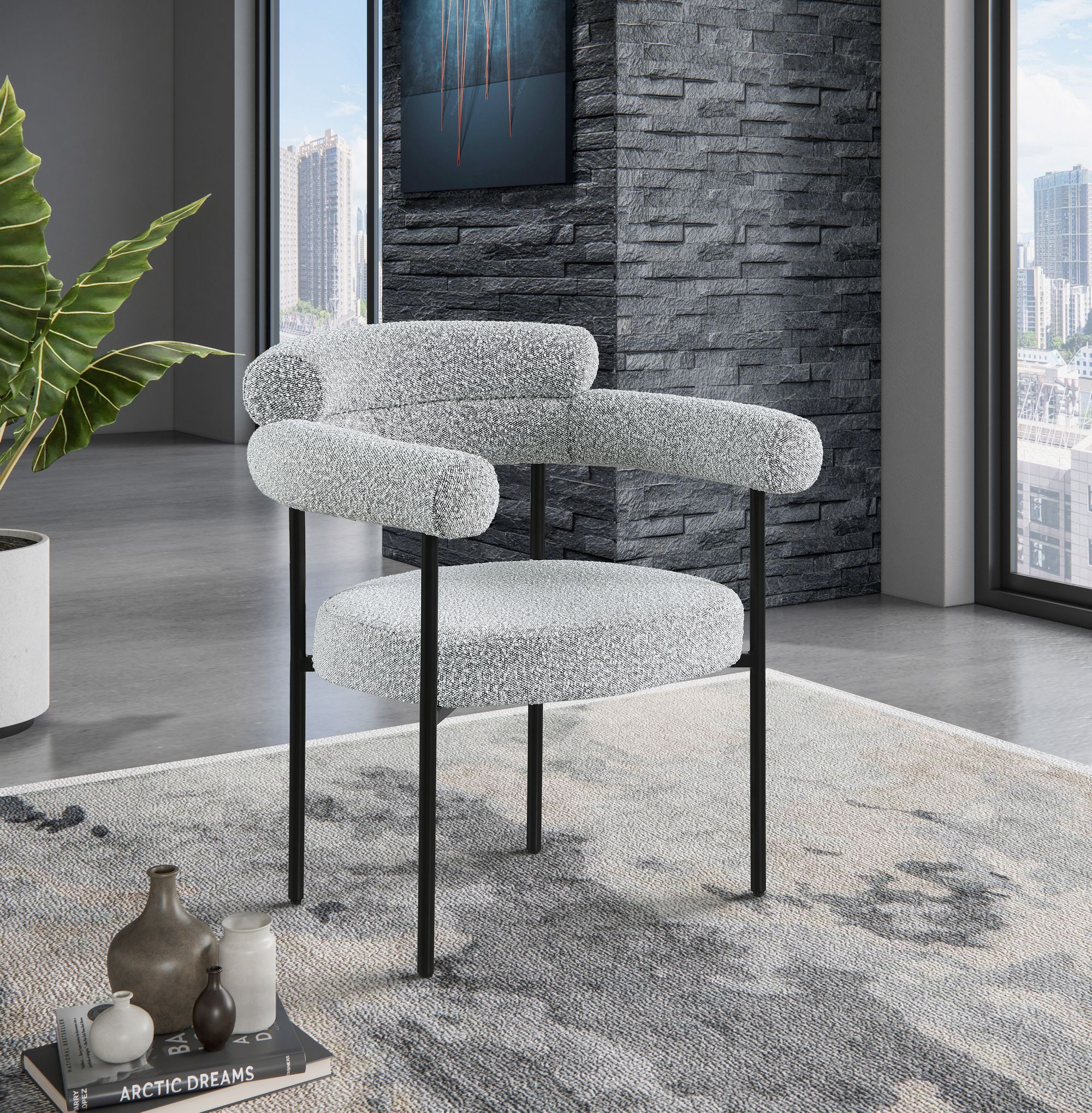 Blake Boucle Fabric Dining Chair with Matte Black Metal Frame