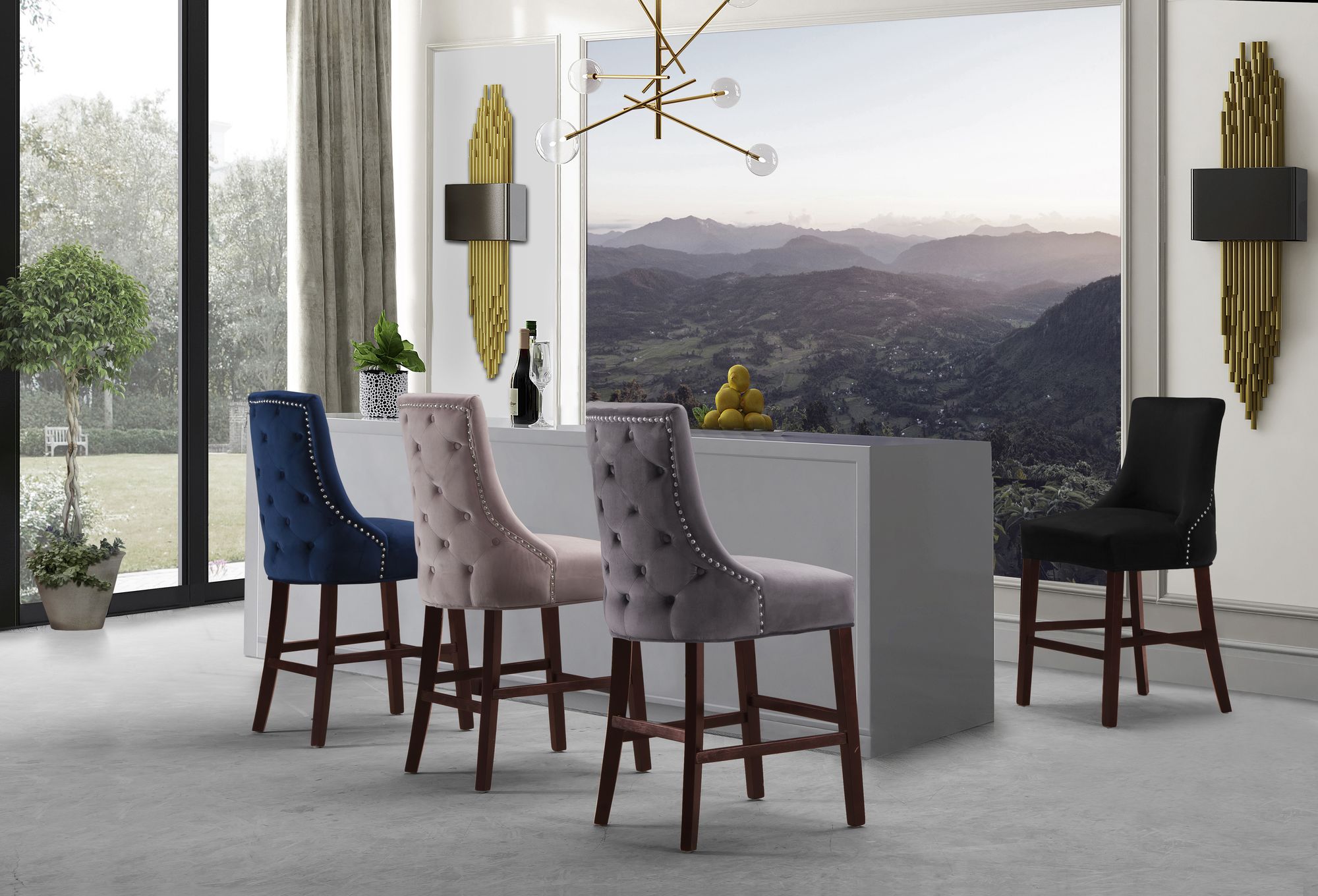 Hannah Velvet Counter Stool with Cherry Finish Wood Legs
