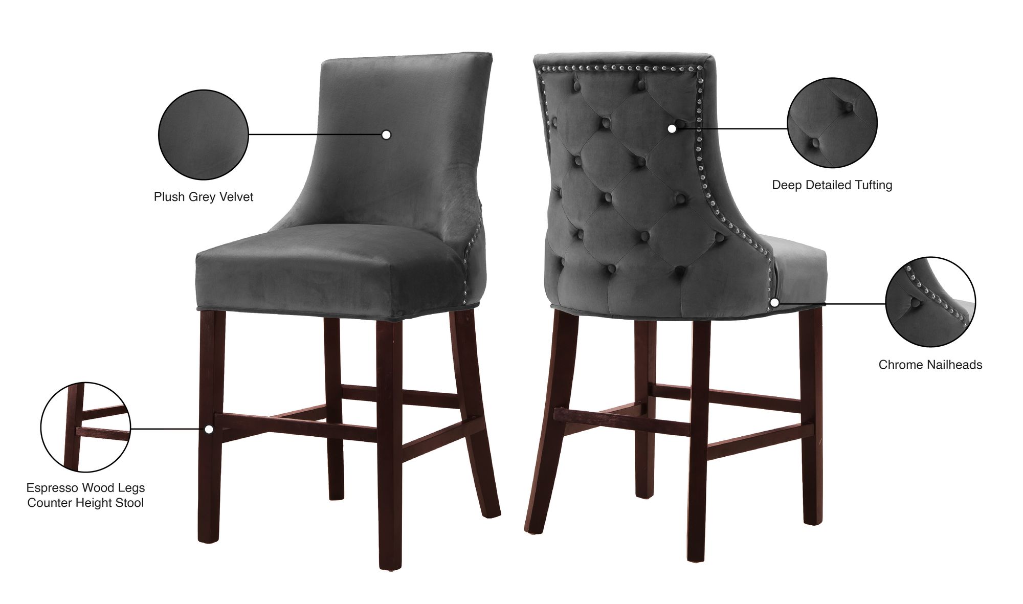 Hannah Velvet Counter Stool with Cherry Finish Wood Legs