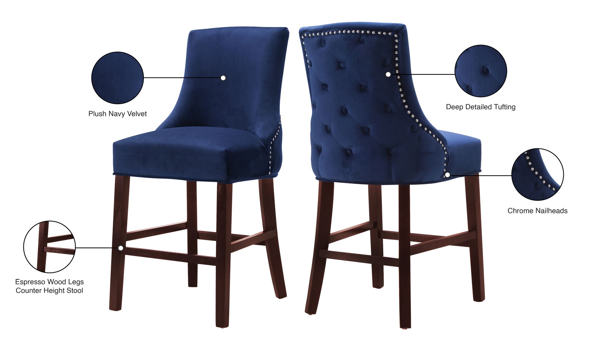 Hannah Velvet Counter Stool with Cherry Finish Wood Legs