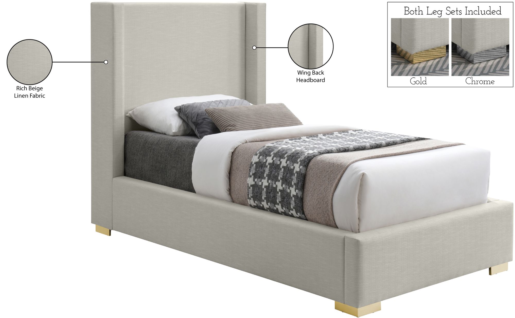 Royce Linen Fabric Twin Size Bed