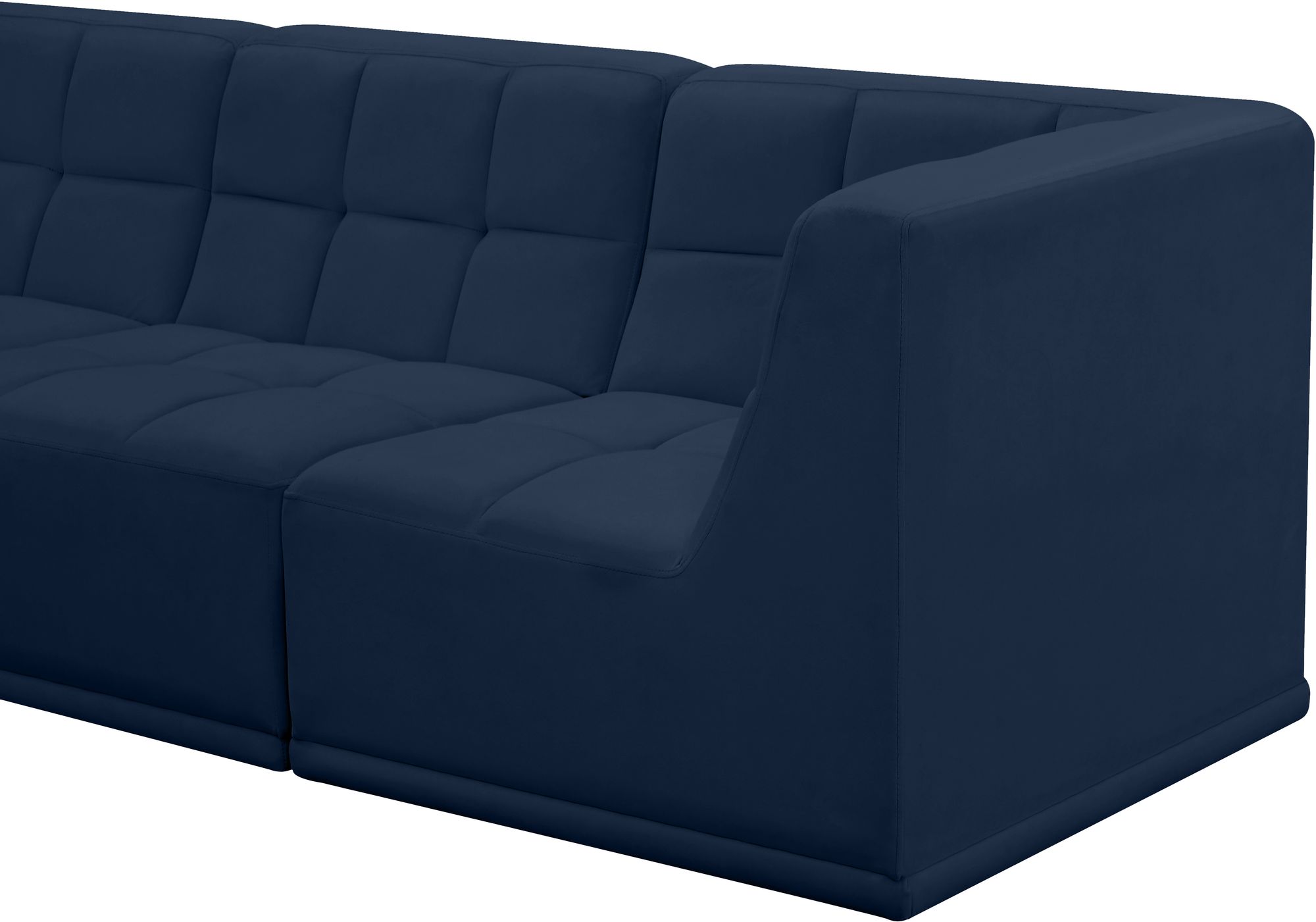 Meridian Blue Velvet Sectional Sofa Arm Side