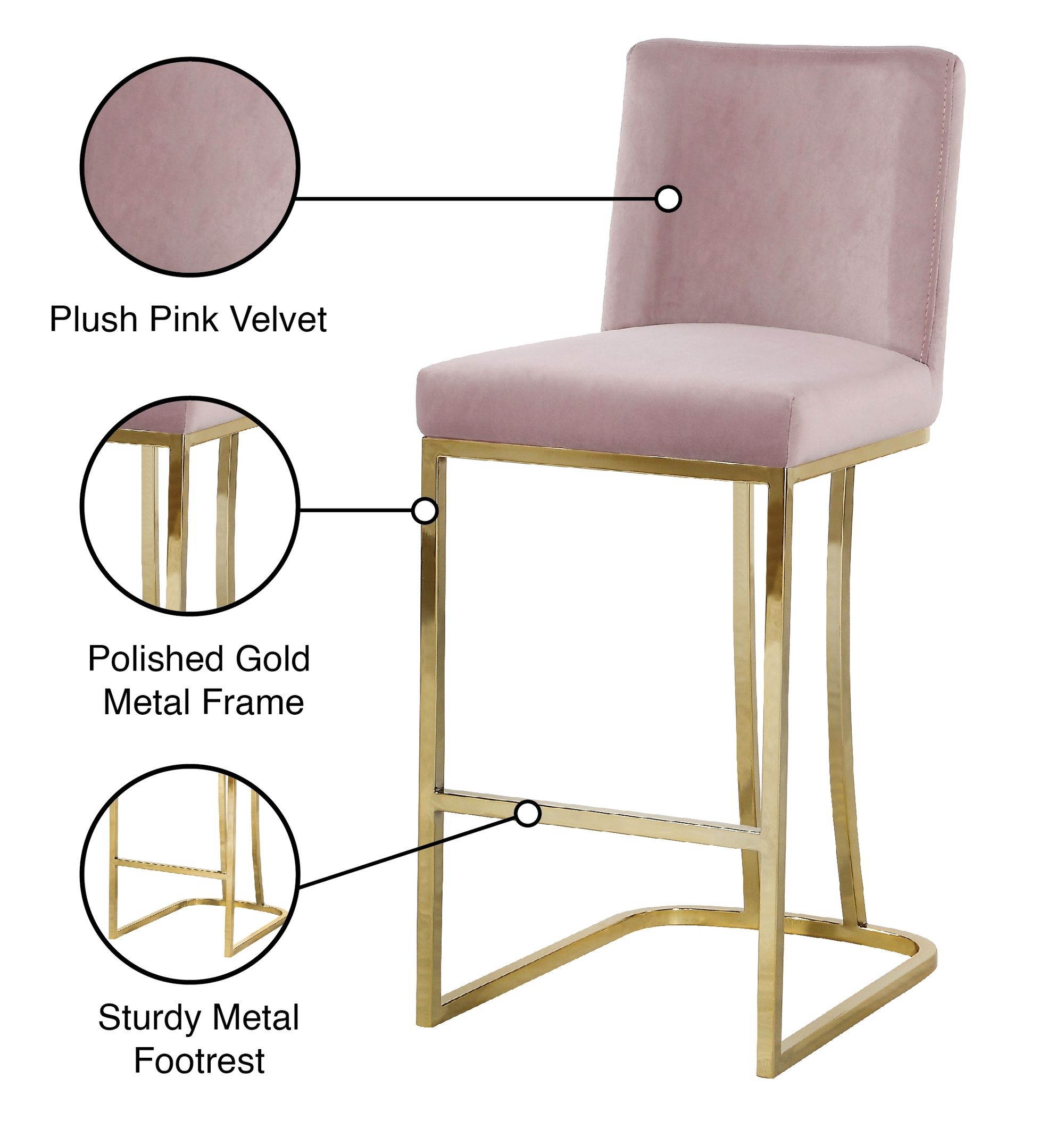 Heidi Velvet Counter Stool with Polished Metal Frame