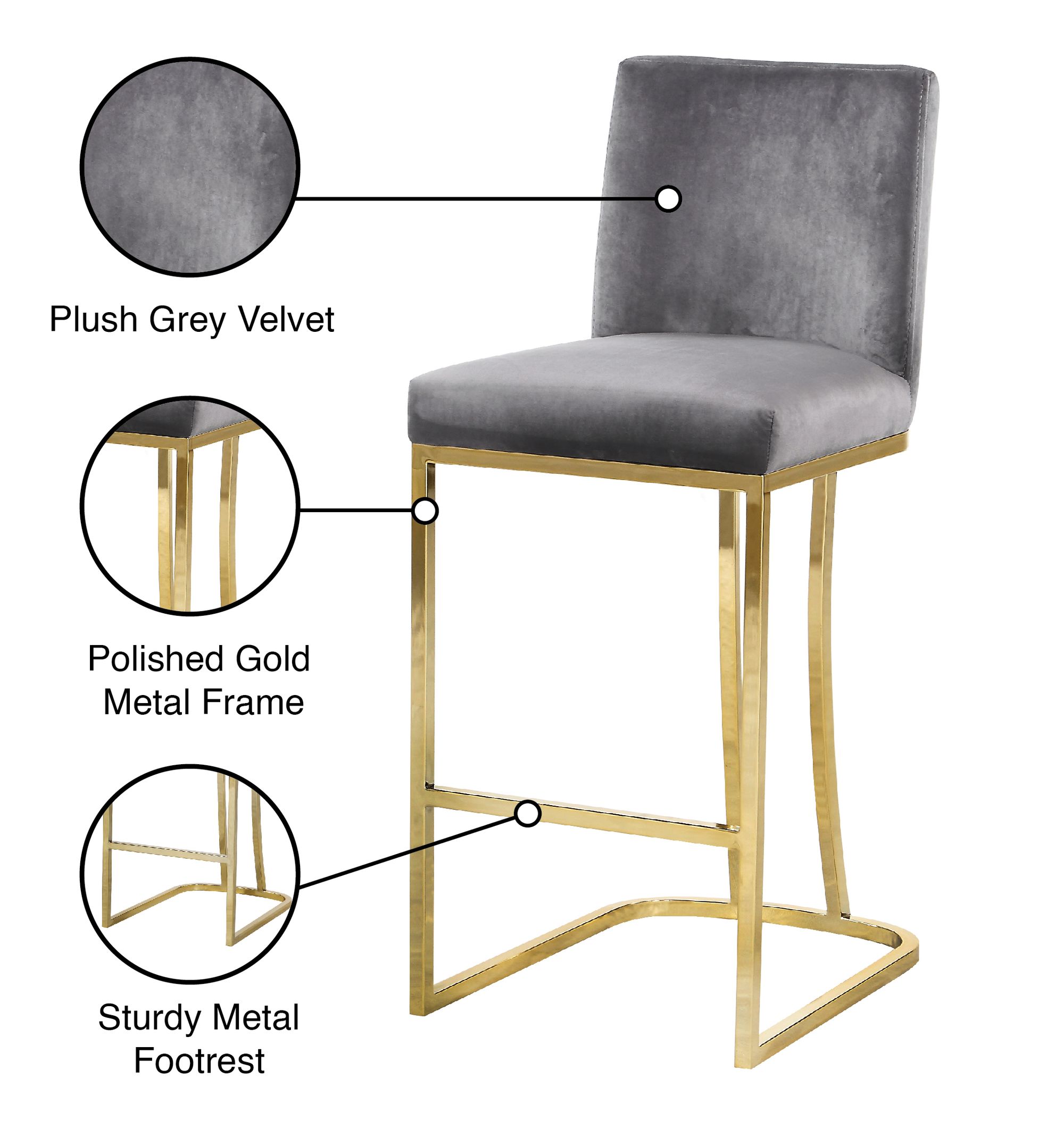 Heidi Velvet Counter Stool with Polished Gold Metal Frame