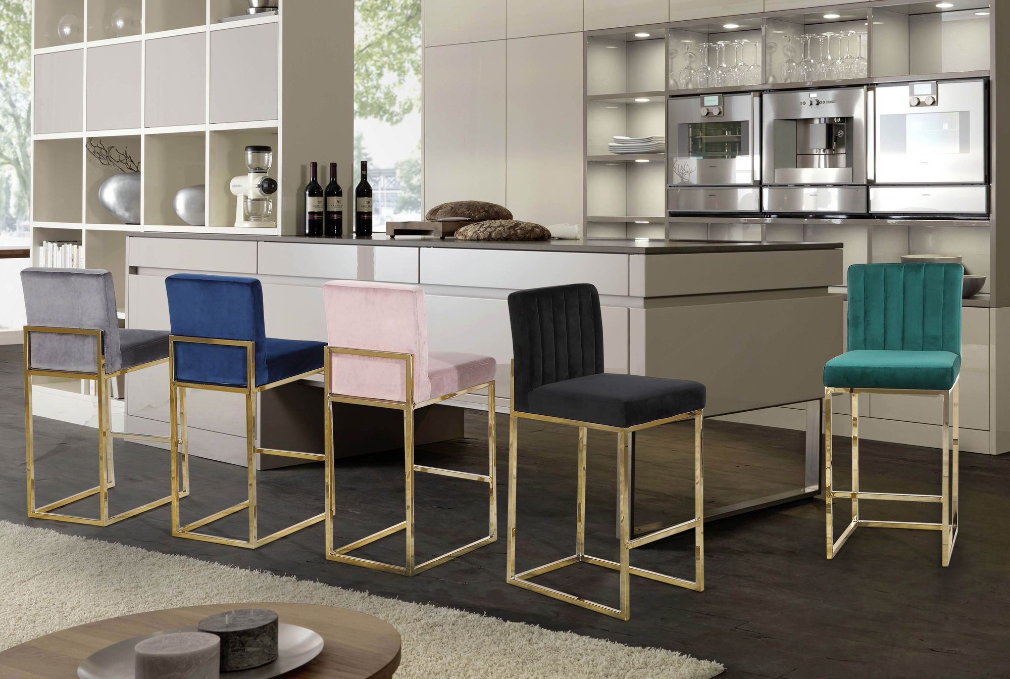 Giselle Velvet Counter Stool with Polished Gold Metal Frame