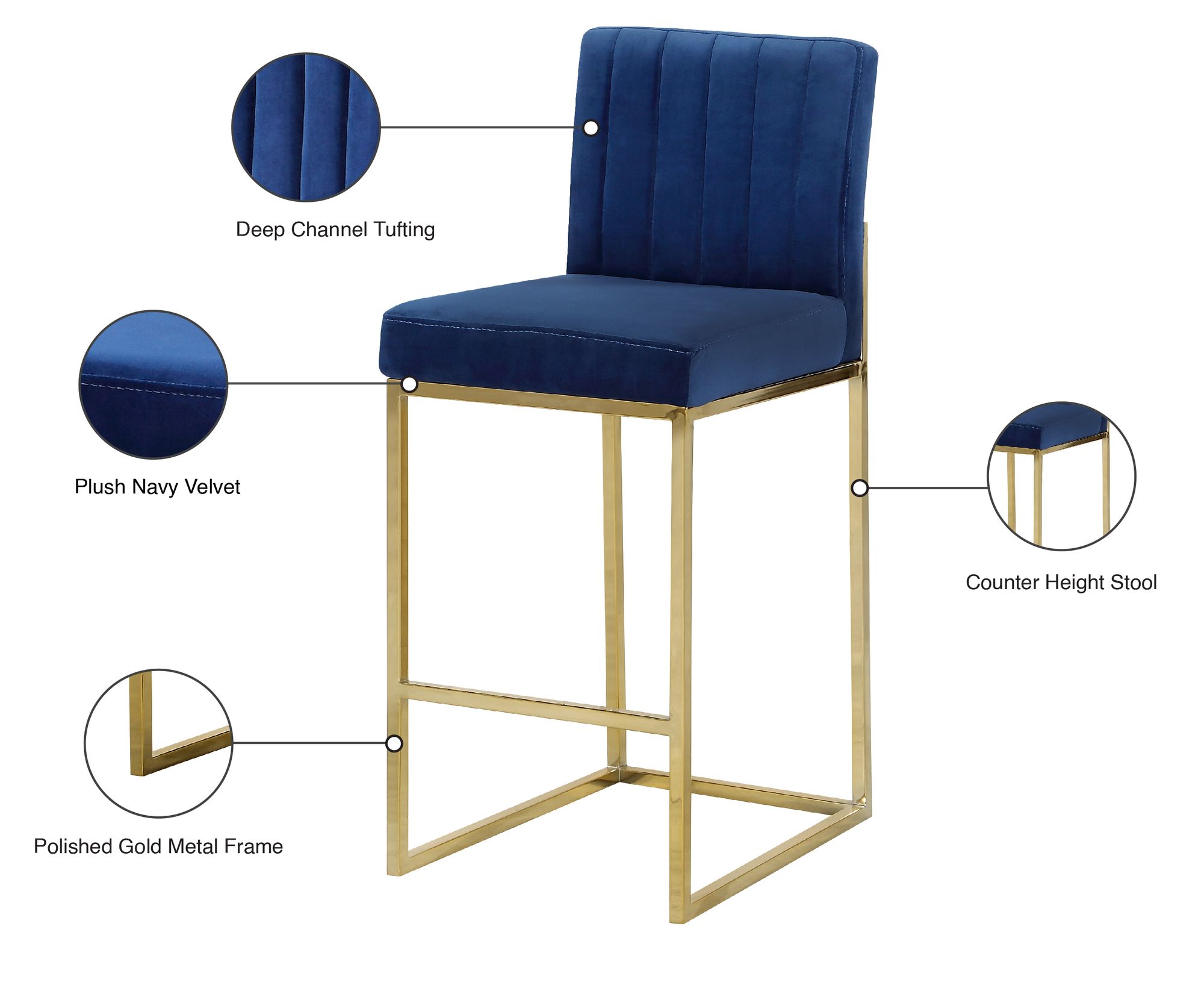 Giselle Velvet Counter Stool with Polished Gold Metal Frame