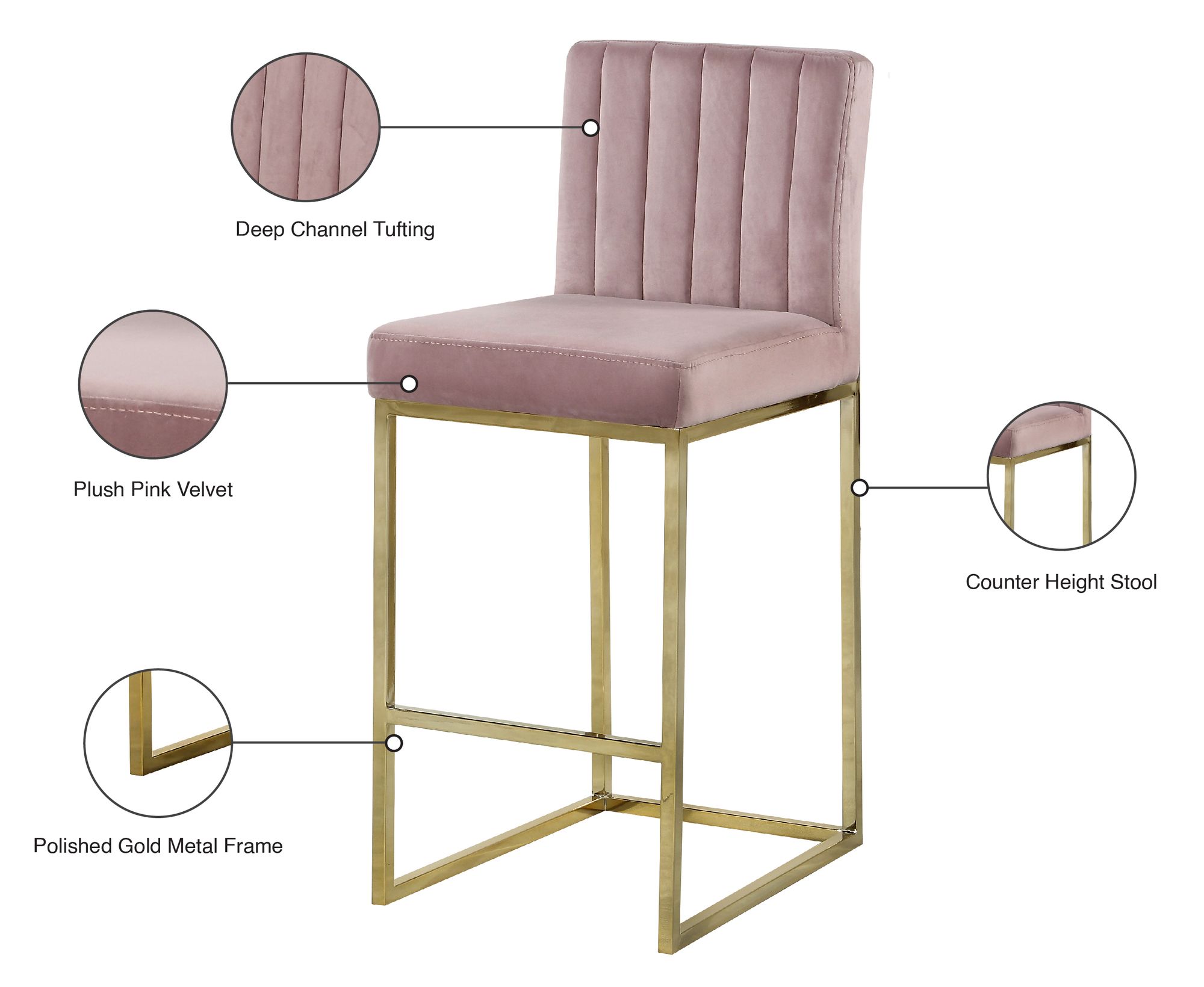 Giselle Velvet Counter Stool with Polished Gold Metal Frame