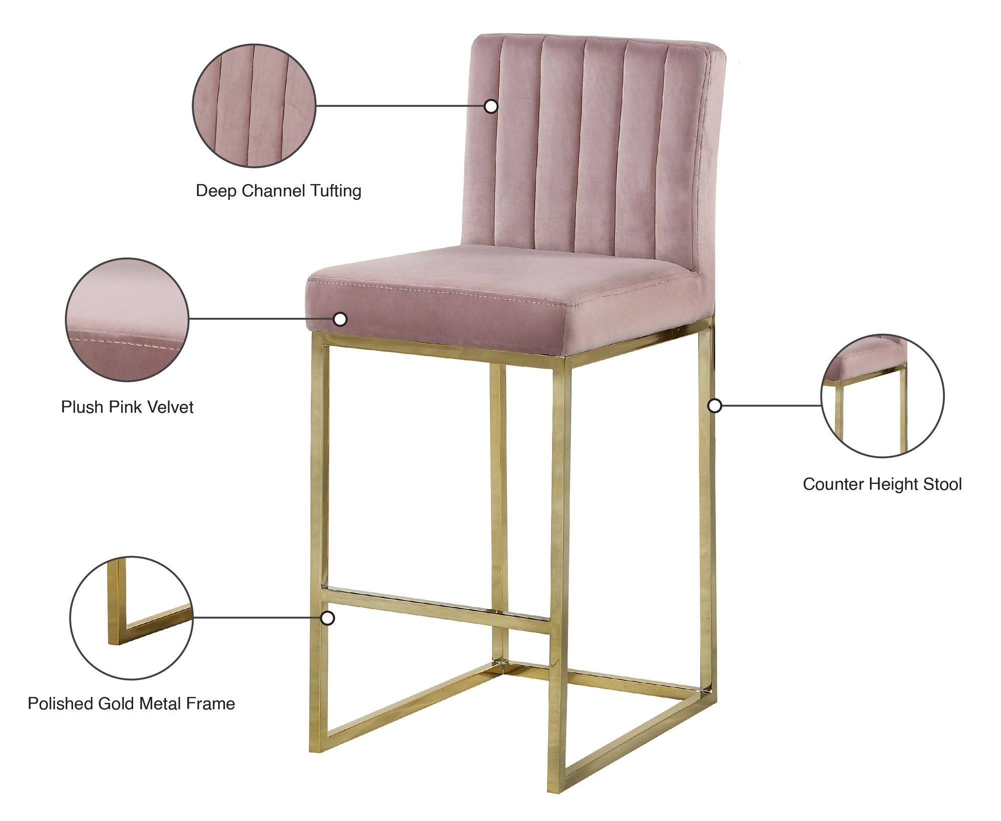 Giselle Velvet Counter Stool with Polished Metal Frame