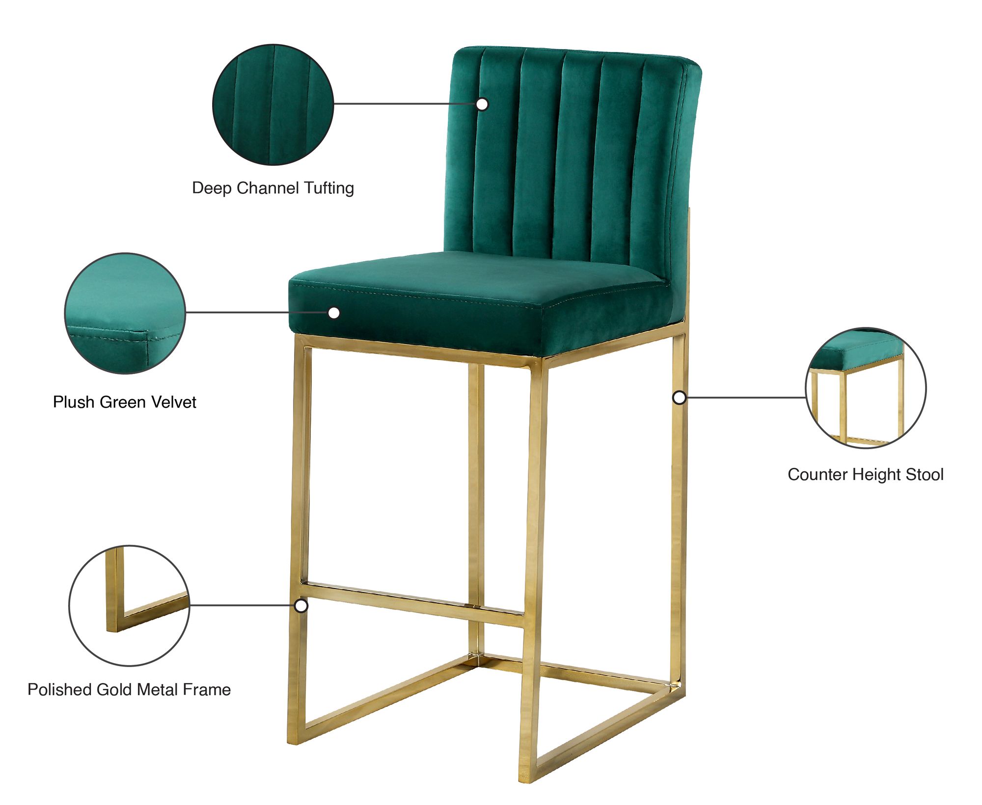 Giselle Velvet Counter Stool with Polished Gold Metal Frame