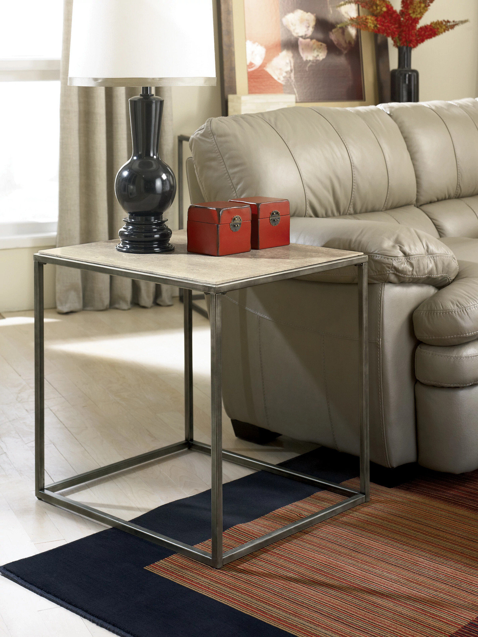 Modern Basics Rectangular Travertine/Metal End Table