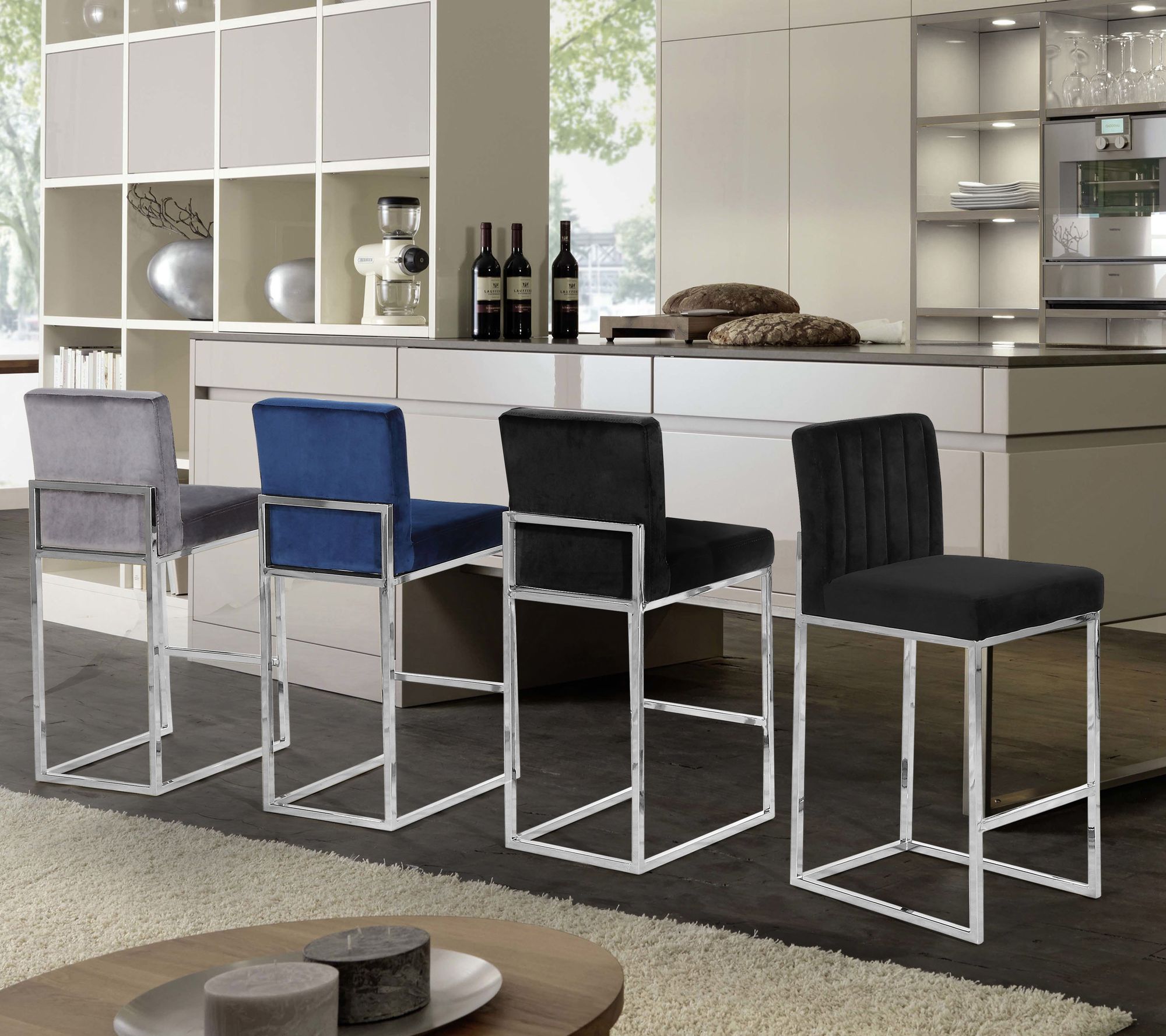 Giselle Velvet Counter Stool with Polished Metal Frame
