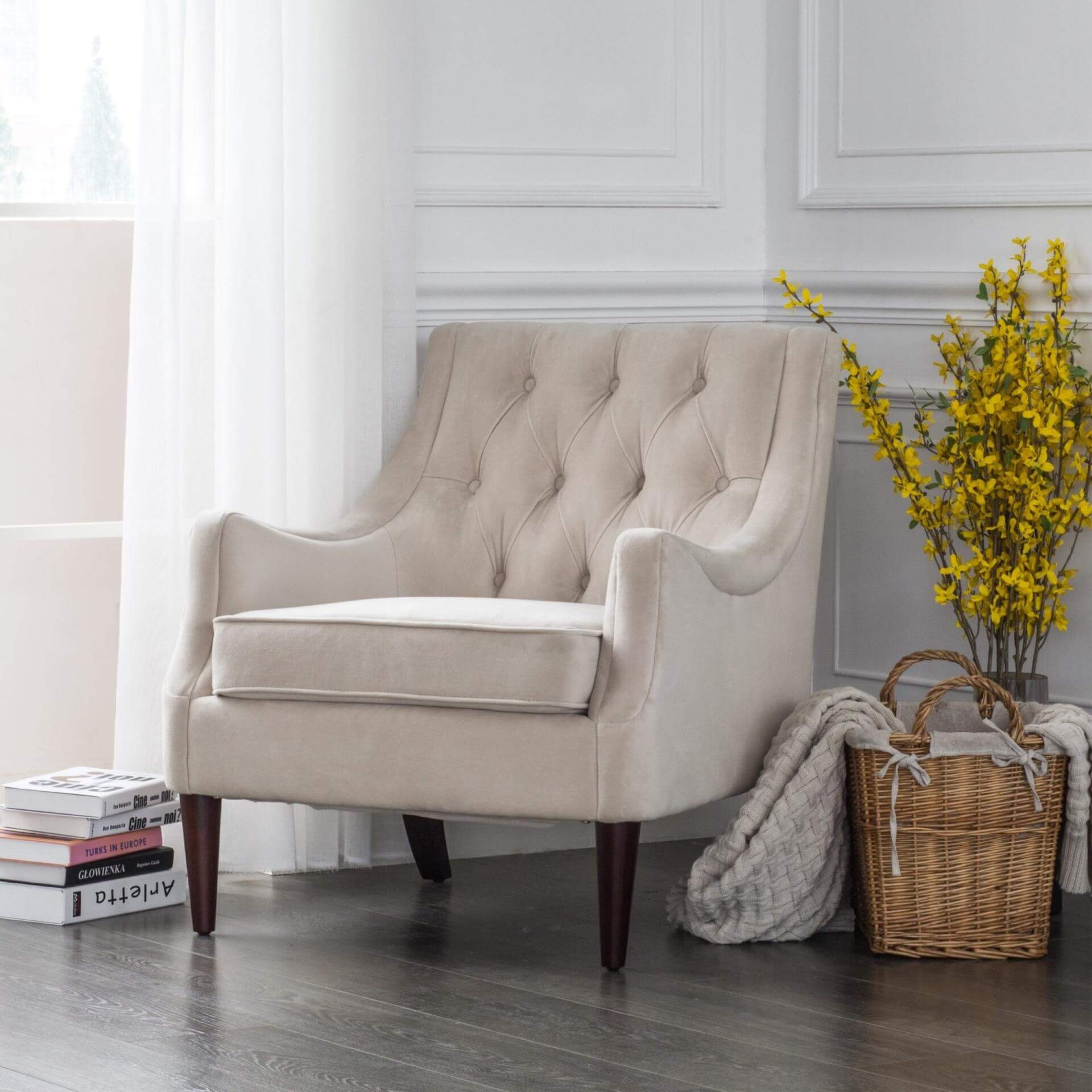 Marlene KD Velvet Fabric Tufted Accent Chair