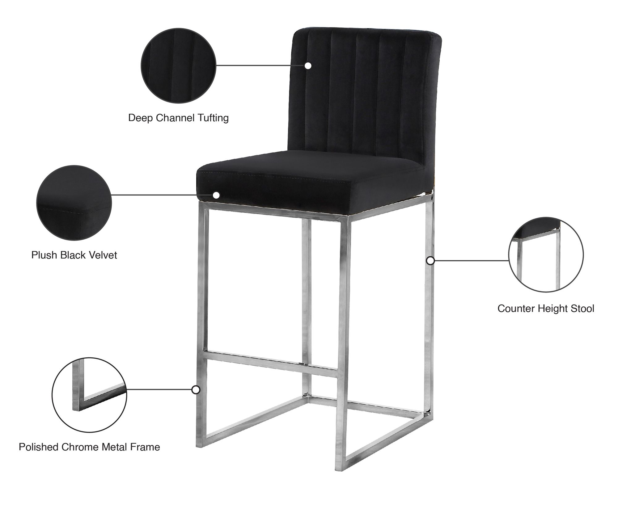 Giselle Velvet Counter Stool with Polished Chrome Metal Frame