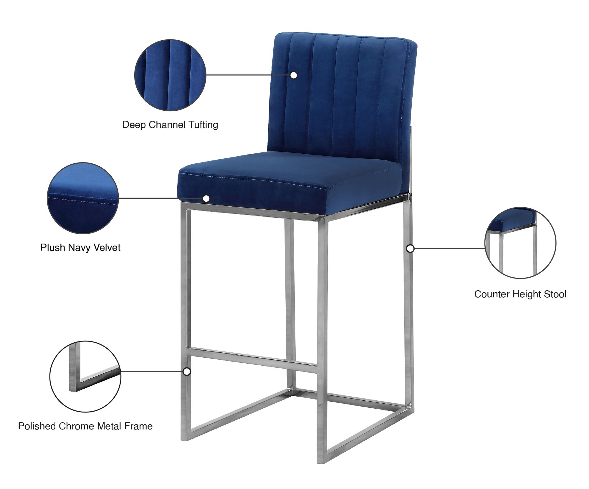 Giselle Velvet Counter Stool with Polished Chrome Metal Frame