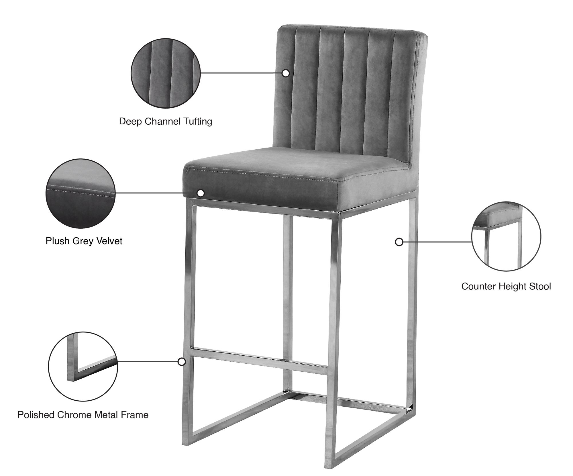 Giselle Velvet Counter Stool with Polished Metal Frame