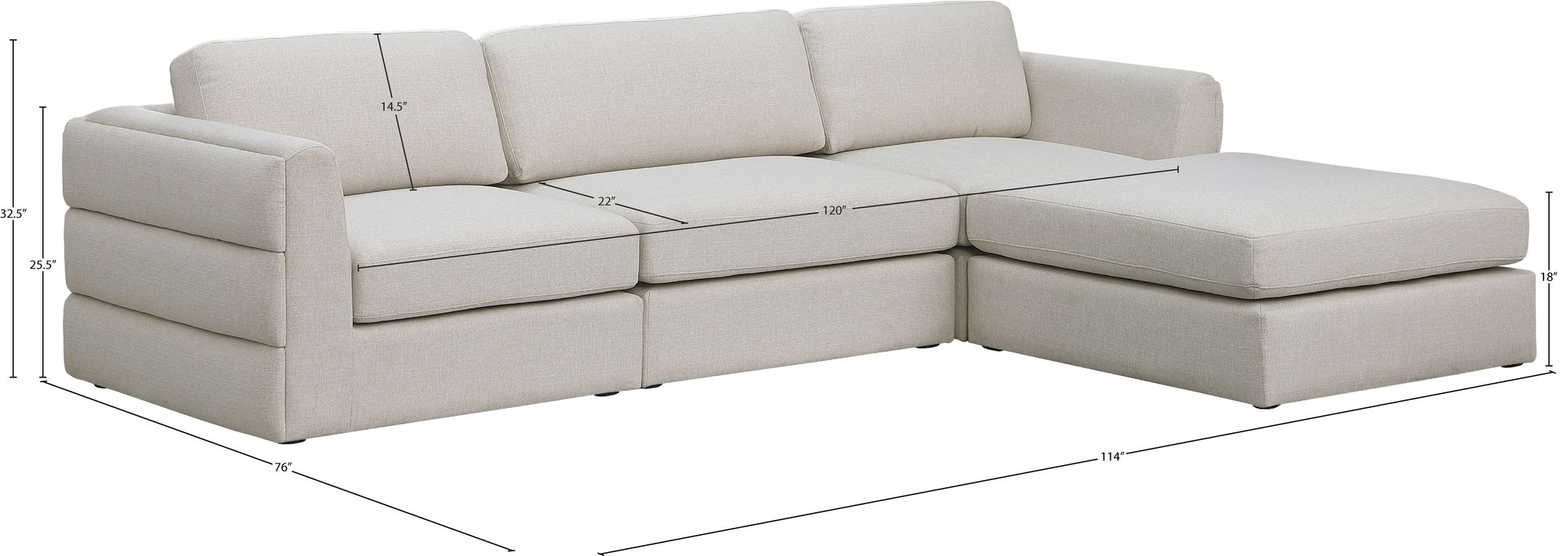 Beckham 114" Linen Modular 4-Piece Sectional