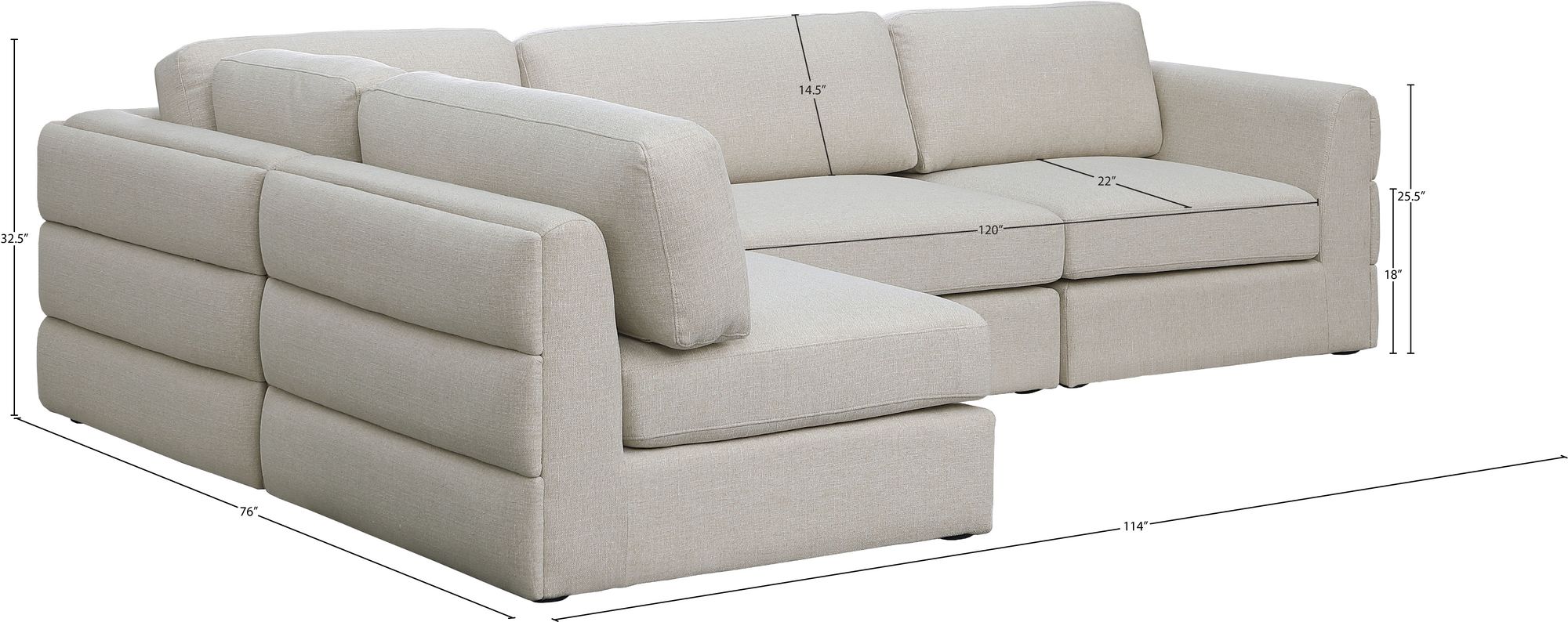 Beckham 114" Linen Modular 4-Piece Corner Sectional