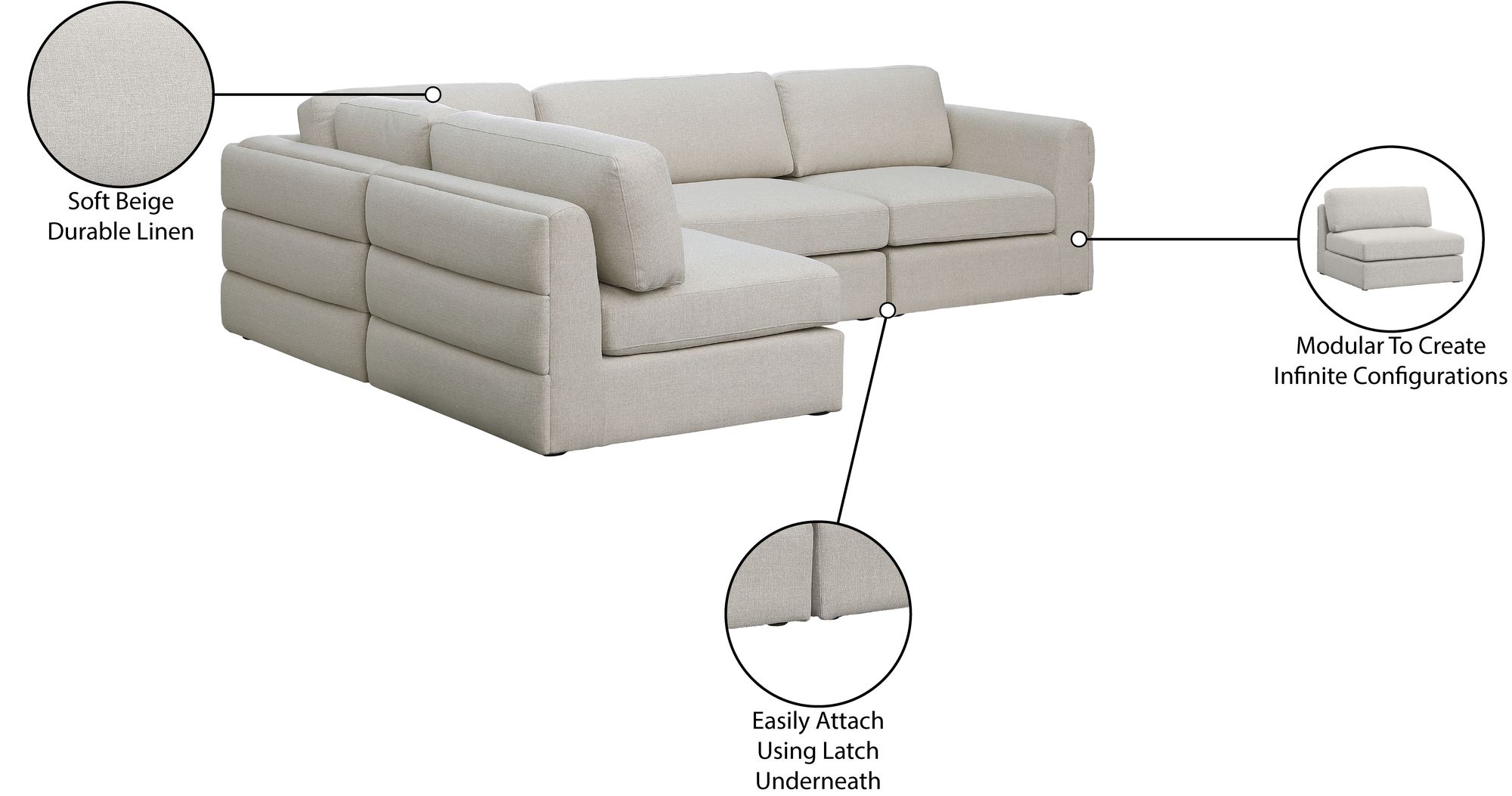 Beckham 114" Linen Modular 4-Piece Corner Sectional