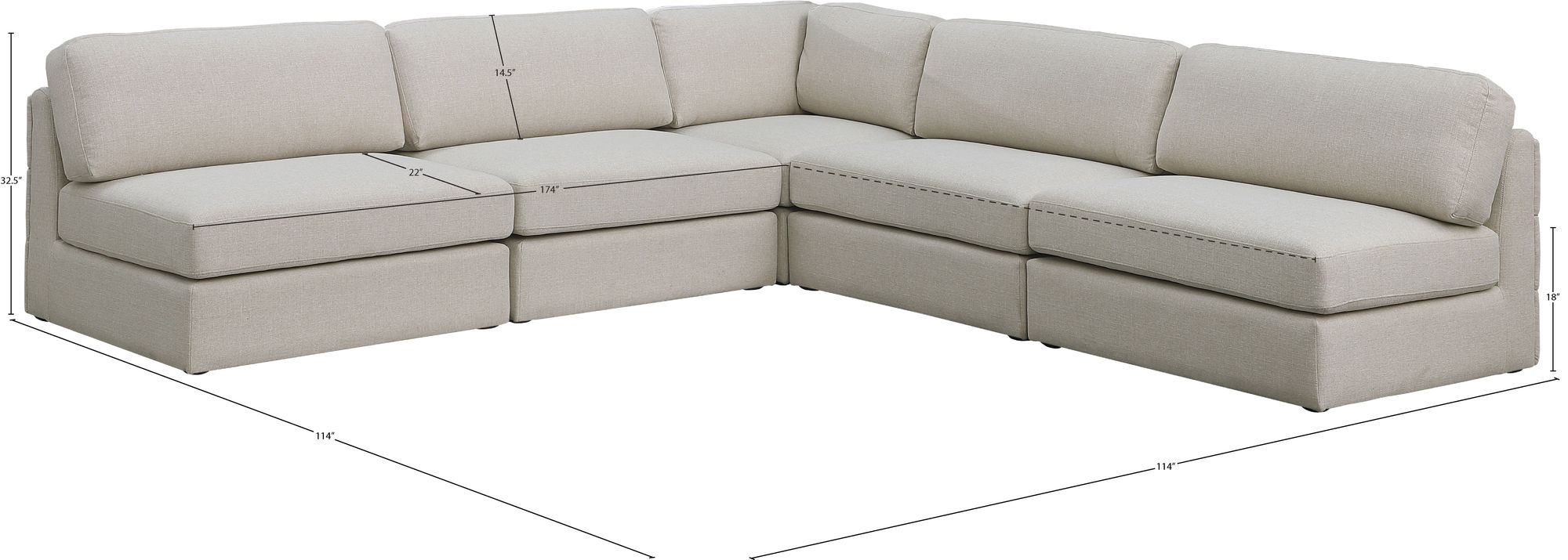 Beckham 114" 5-Piece Linen Modular Corner Armless Sectional