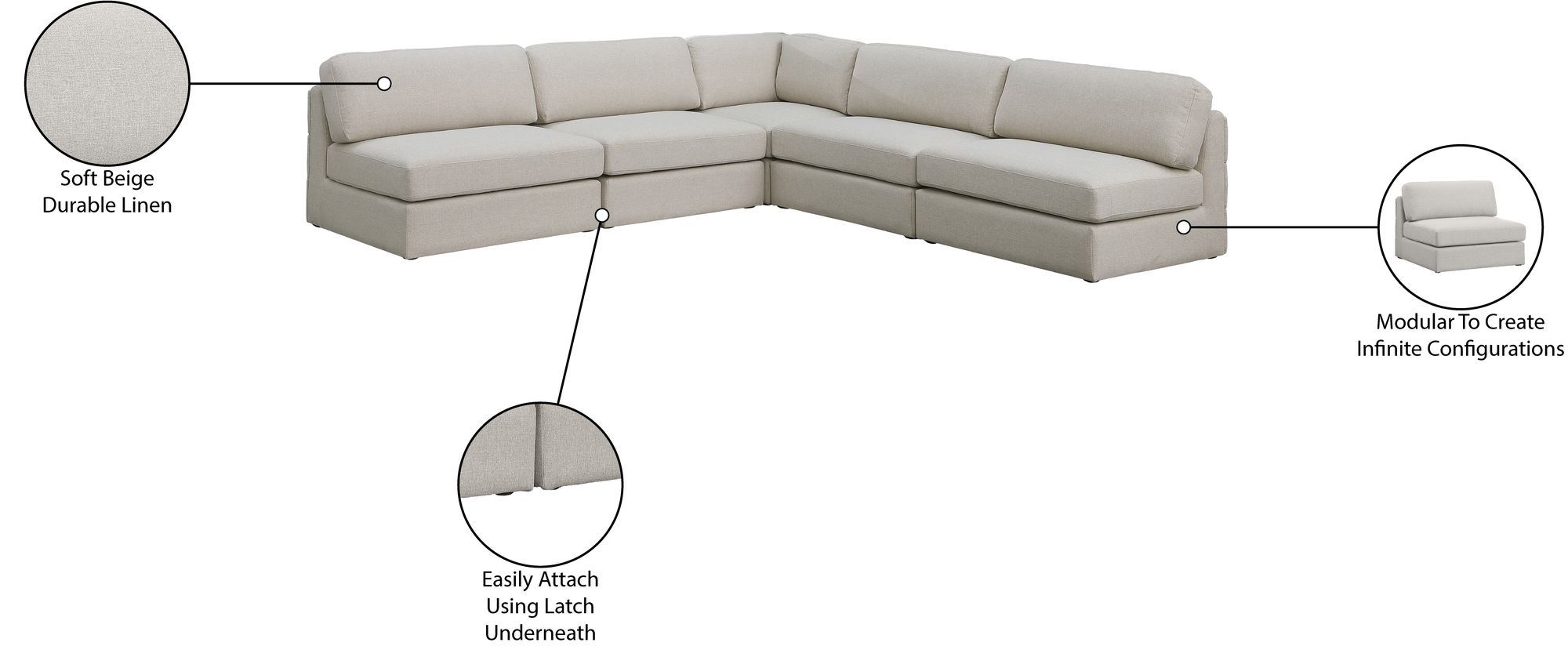 Beckham 114" 5-Piece Linen Modular Corner Armless Sectional