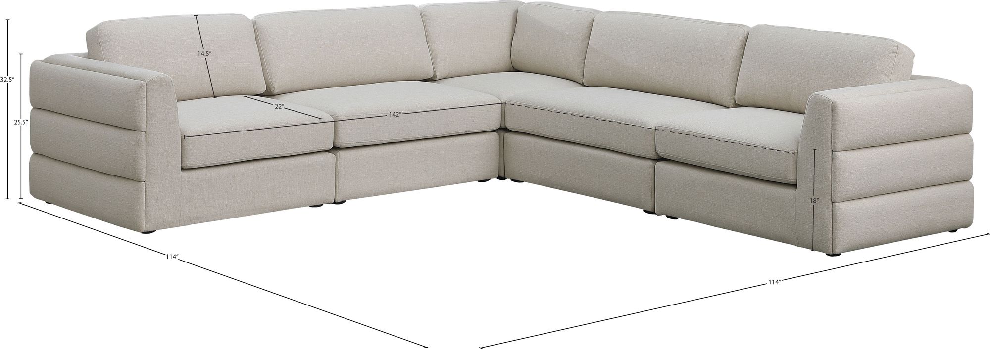 Beckham 114" 5-Piece Linen Modular Corner Sectional