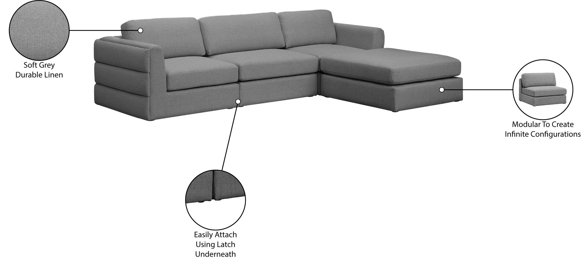 Beckham 114" Linen Fabric Modular 4-Piece Sectional Sofa