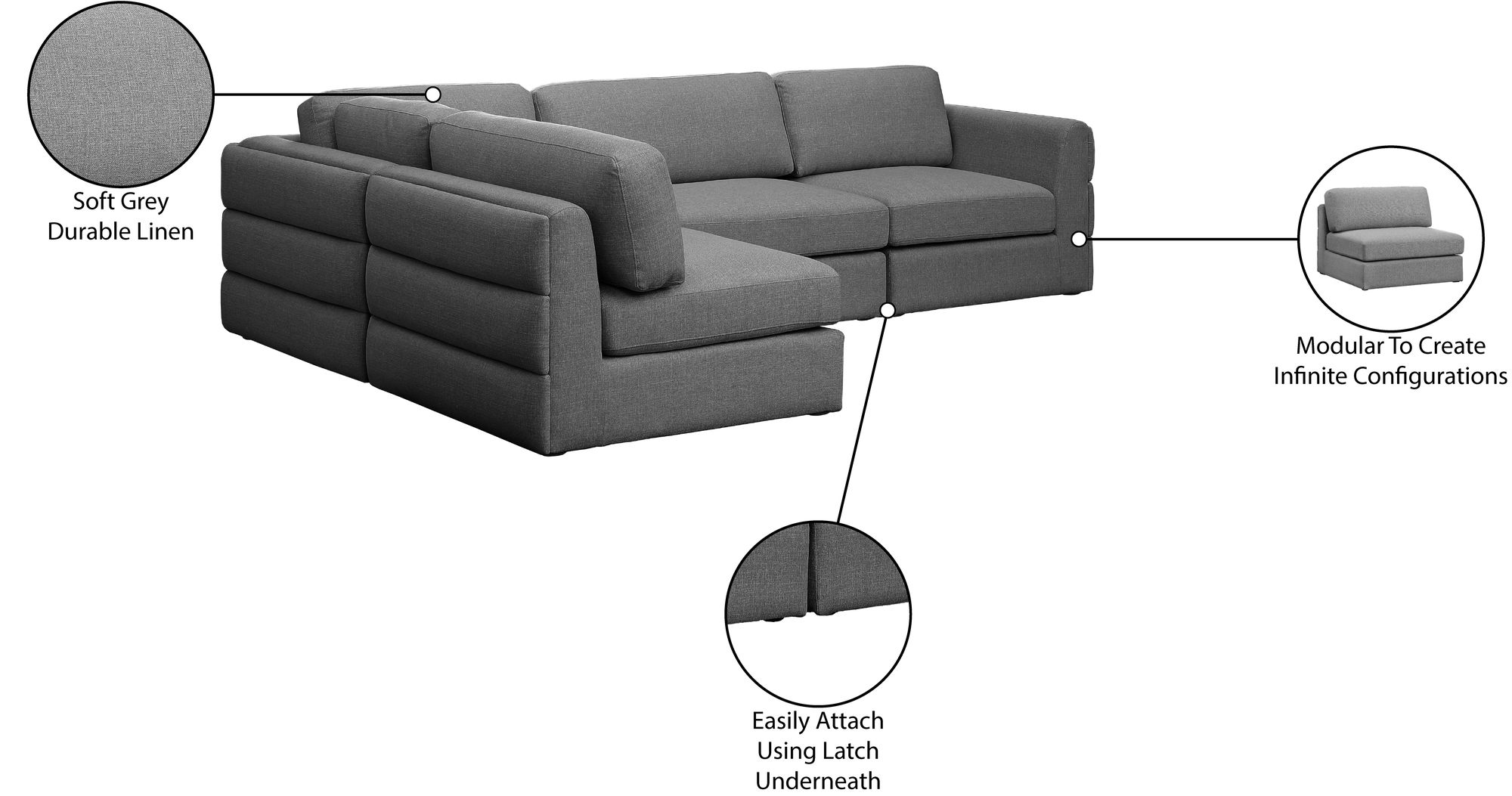 Beckham 114" Linen Fabric Modular 4-Piece Corner Sectional Sofa