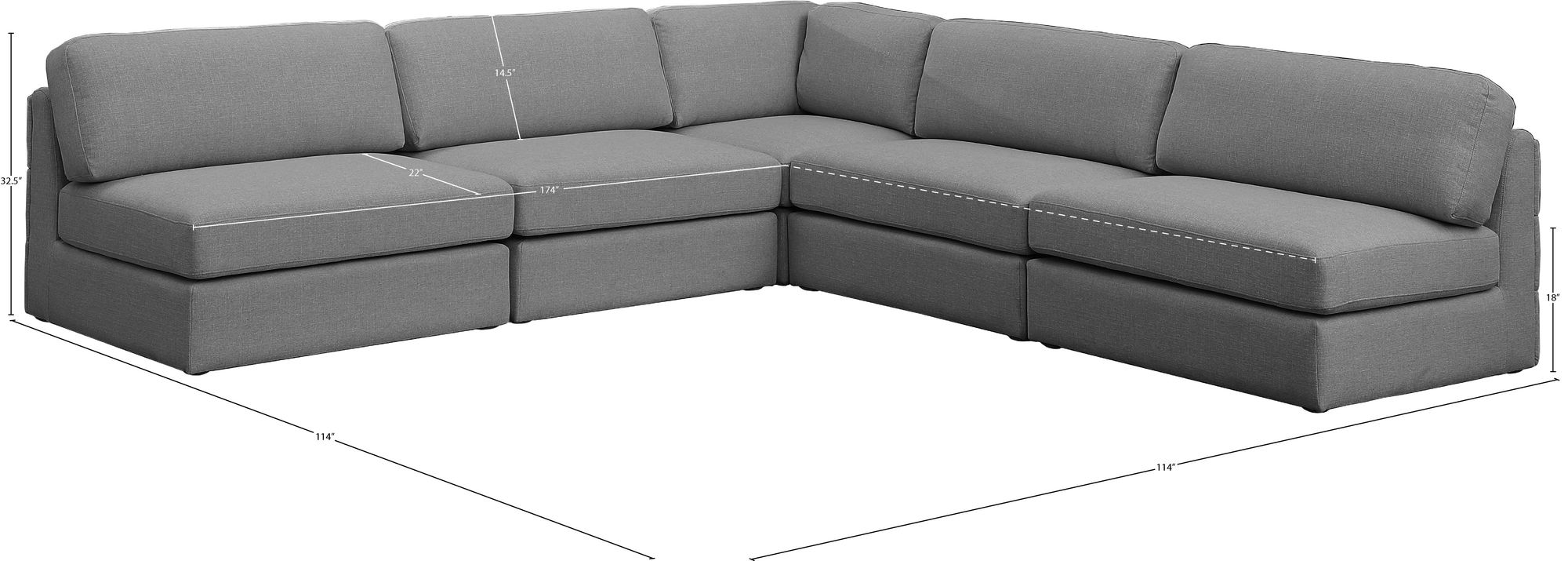 Beckham 114" 5-Piece Linen Modular Corner Armless Sectional
