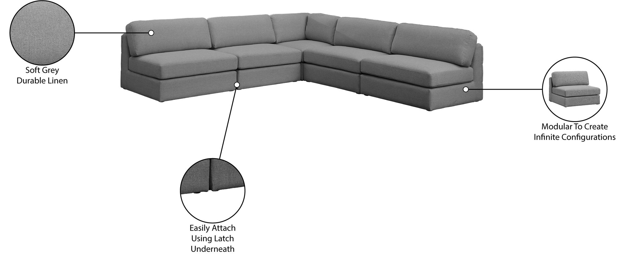 Beckham 114" 5-Piece Linen Modular Corner Armless Sectional