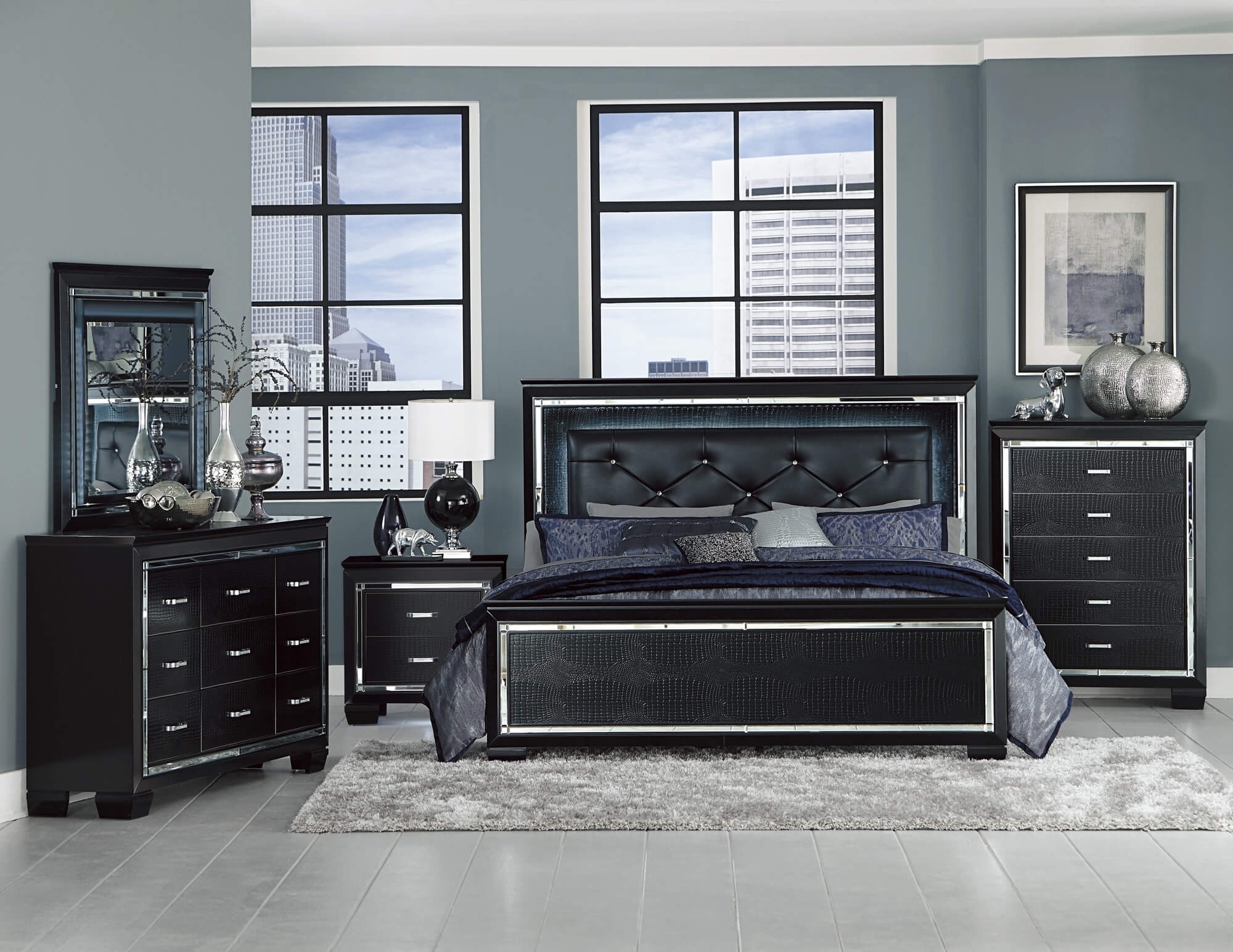 Allura Leatherette/Faux Alligator LED Panel Bed, Full Size