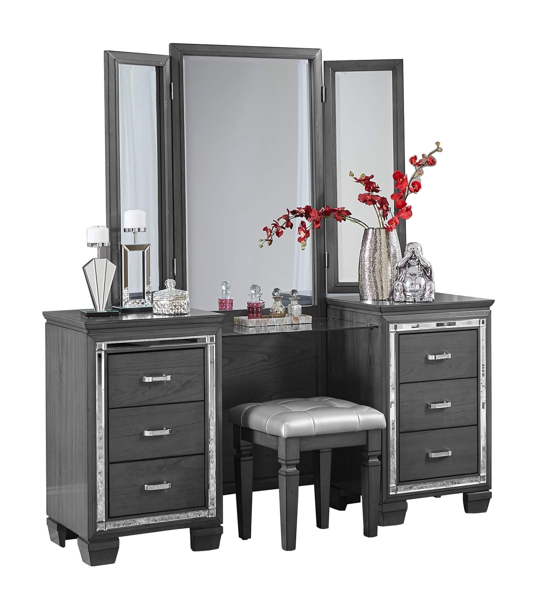 Allura Wood Veneer Vanity Dresser w/ Mirror, Grey by Homelegance