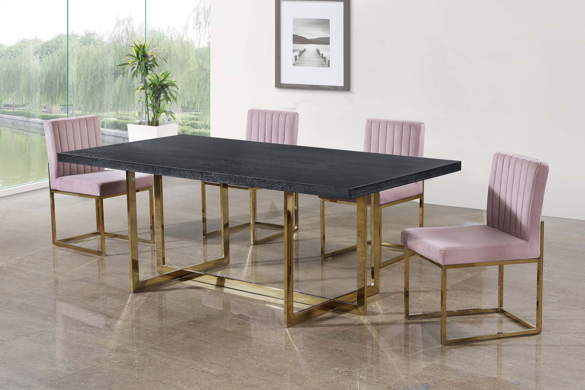 Elle 78" Rectangular Wood Veneer Dining Table with Polished Gold Metal Base