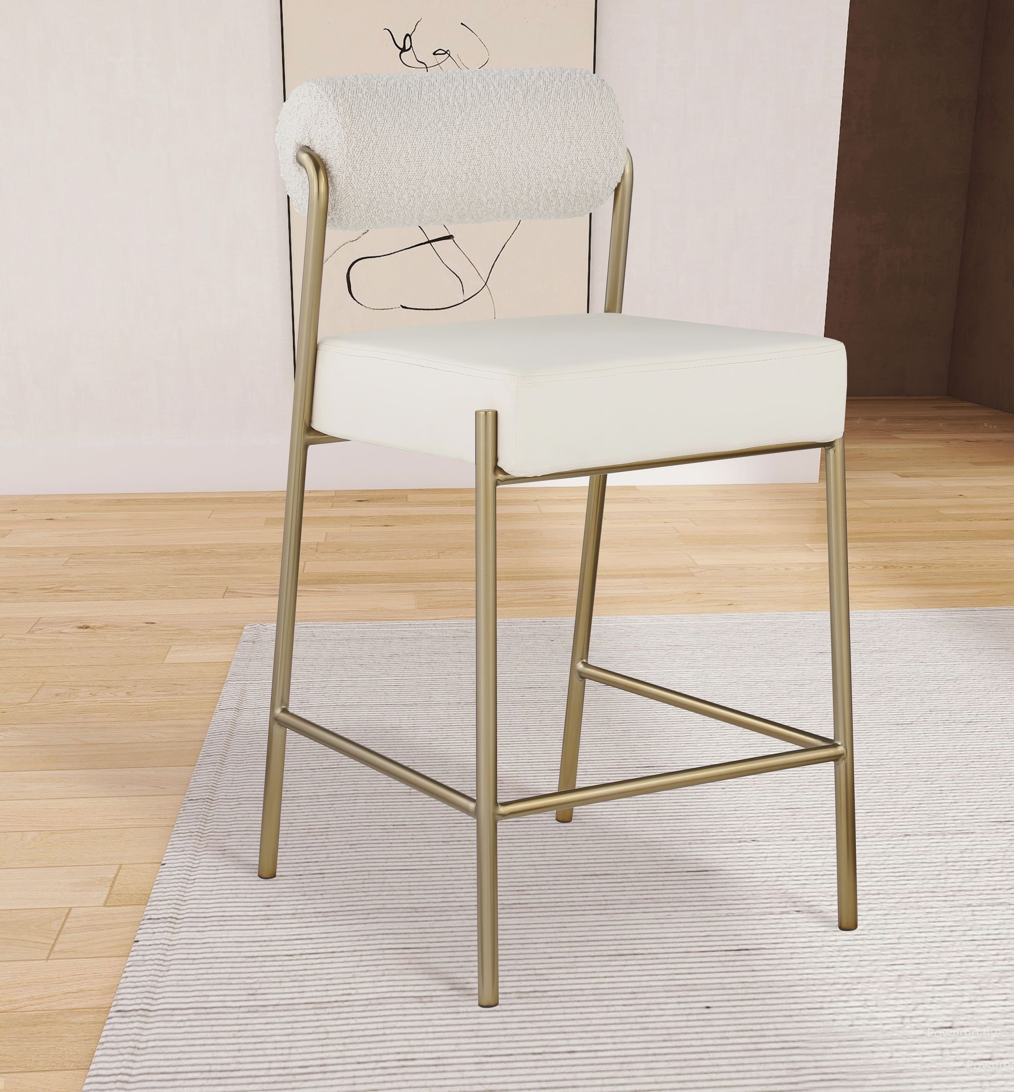 Carly Boucle Fabric & Faux Leather Counter Stool with Brushed Brass Frame