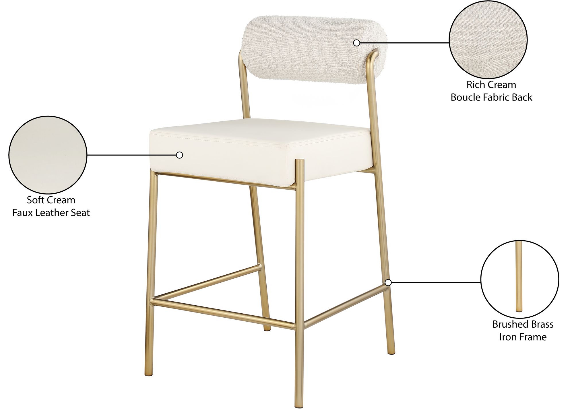 Carly Boucle Fabric & Faux Leather Counter Stool with Brushed Brass Frame