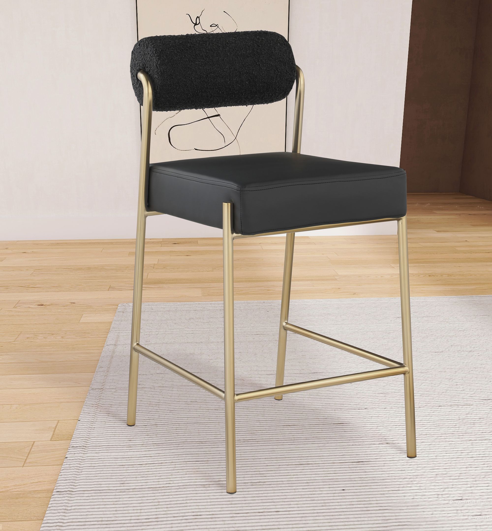 Carly Boucle Fabric & Faux Leather Counter Stool with Brushed Brass Frame