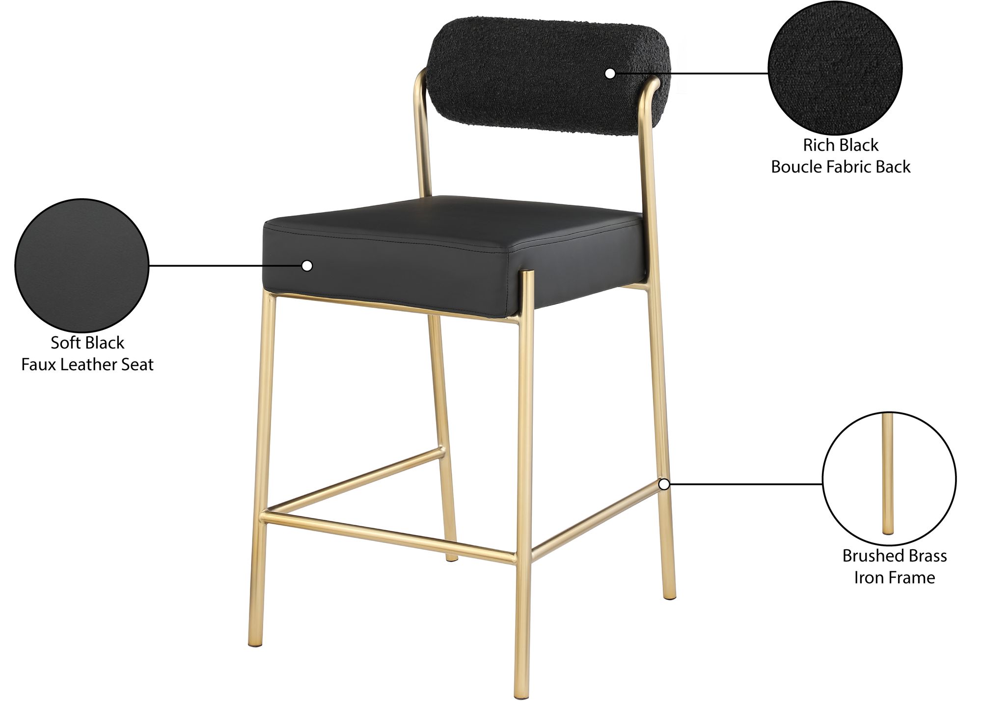 Carly Boucle Fabric & Faux Leather Counter Stool with Brushed Brass Frame