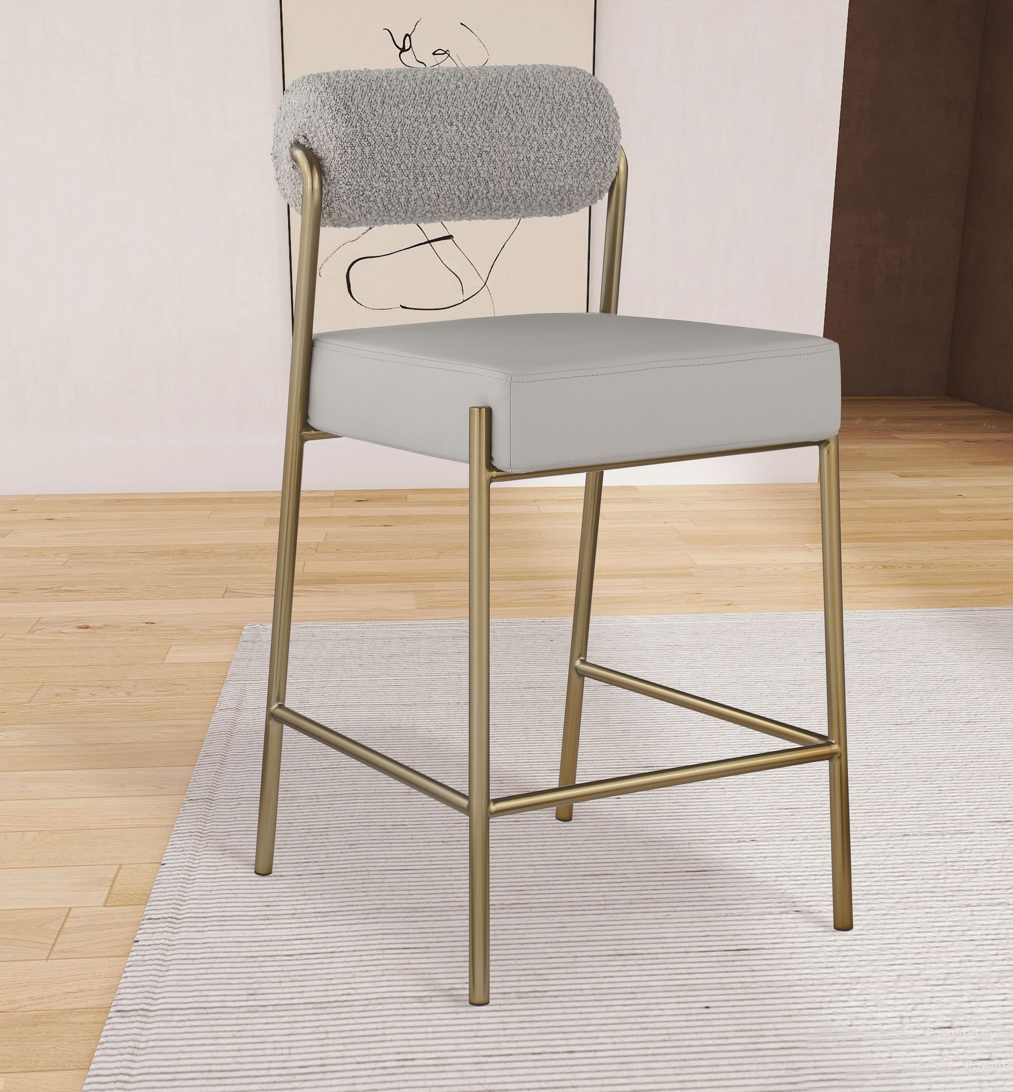 Carly Boucle Fabric & Faux Leather Counter Stool with Brushed Brass Frame