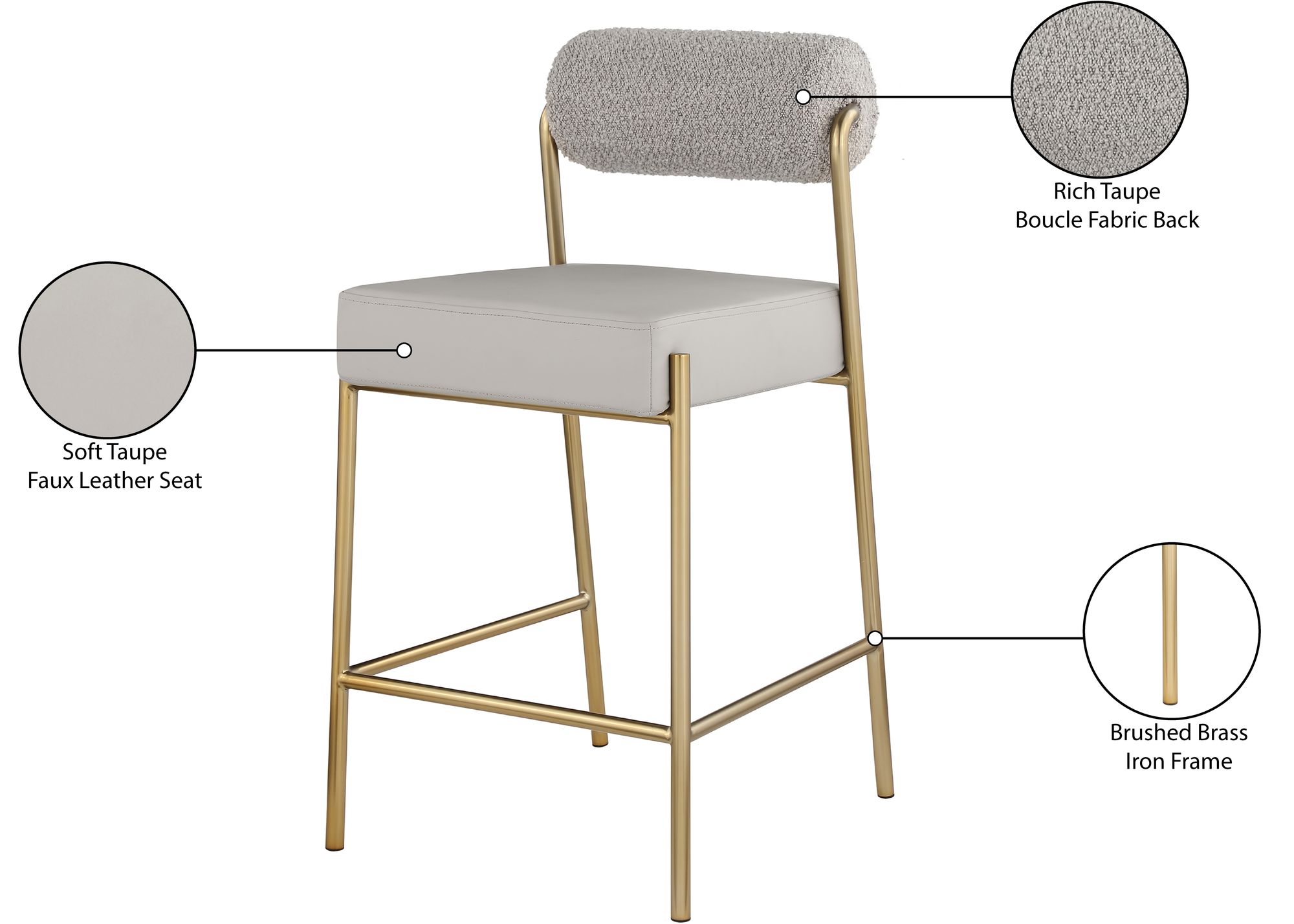 Carly Boucle Fabric & Faux Leather Counter Stool with Brushed Brass Frame