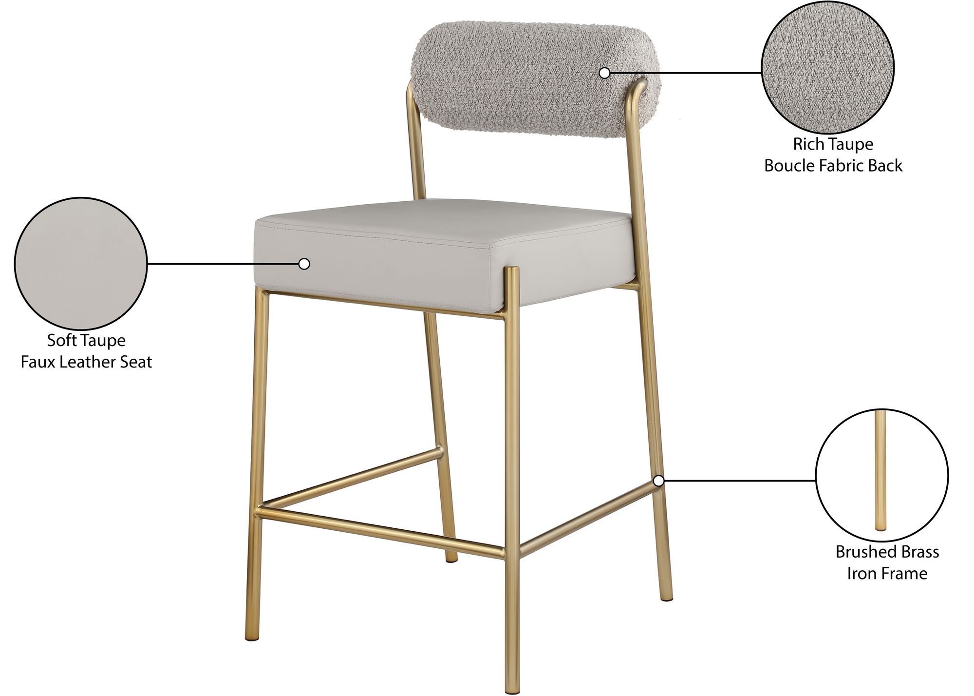 Carly Boucle Fabric & Faux Leather Counter Stool with Brushed Brass Frame