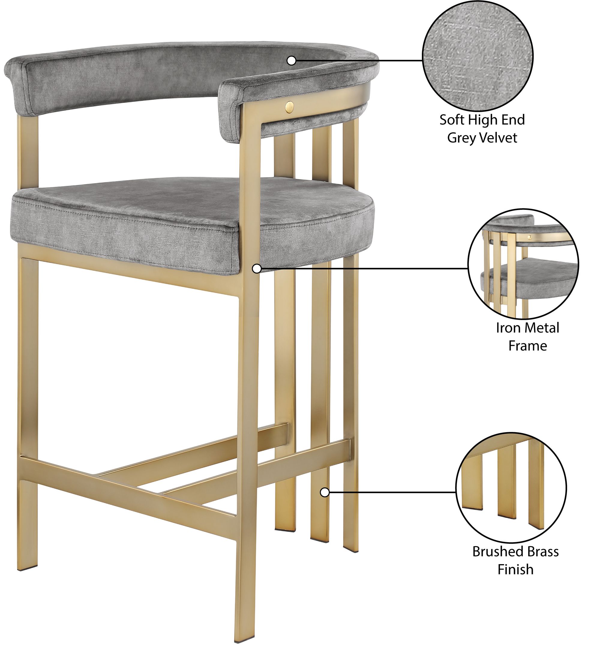 Marcello Counter Stool with Brushed Brass Frame