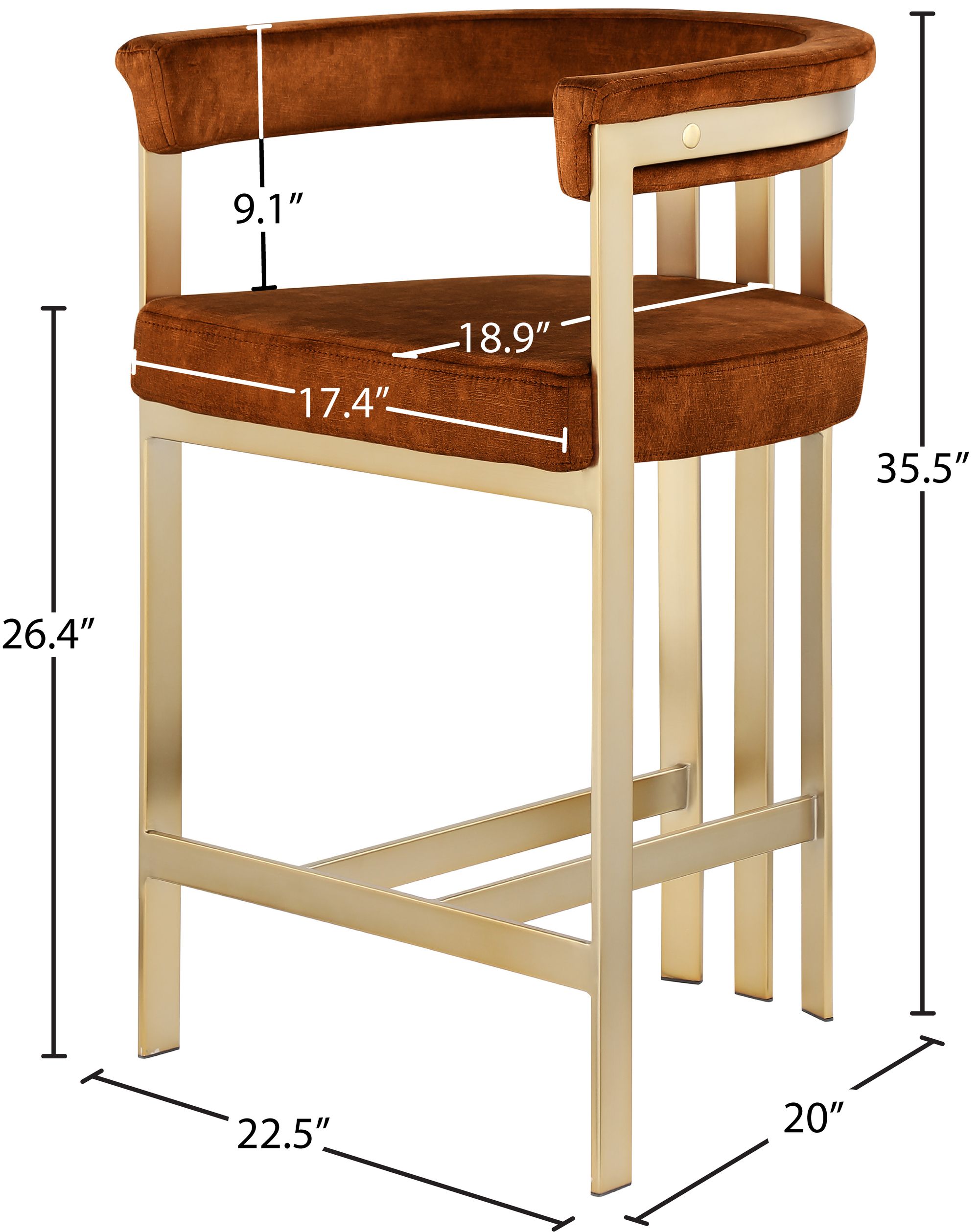 Marcello Velvet Counter Stool with Brushed Brass Frame
