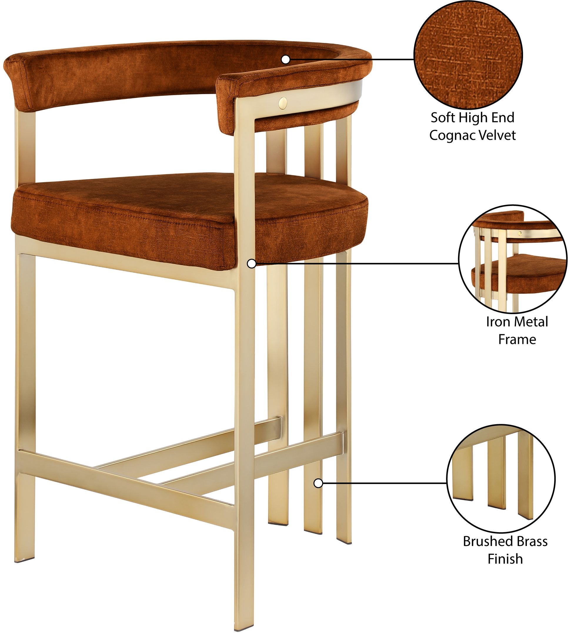 Marcello Velvet Counter Stool with Brushed Brass Frame