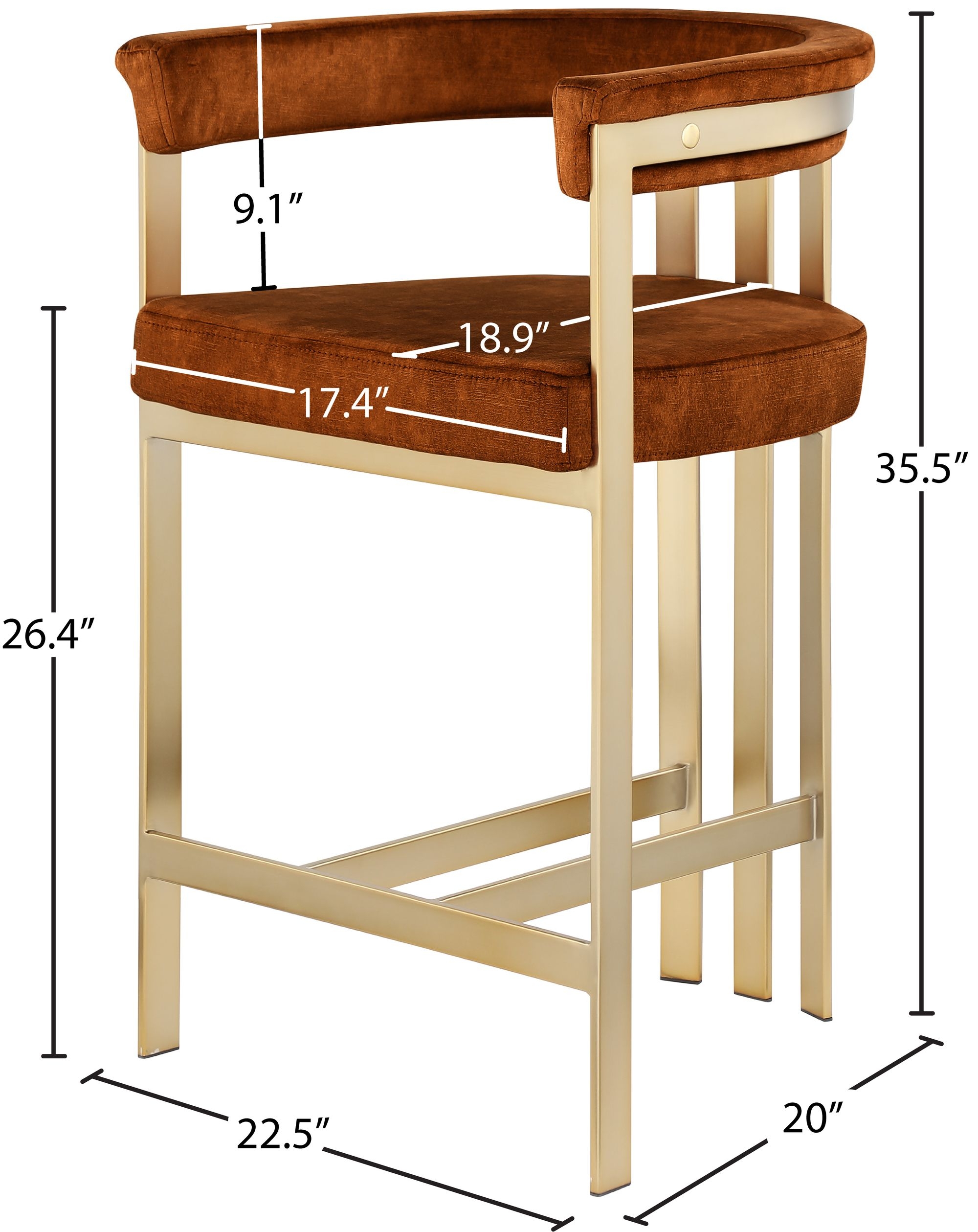 Marcello Velvet Counter Stool with Brushed Brass Frame