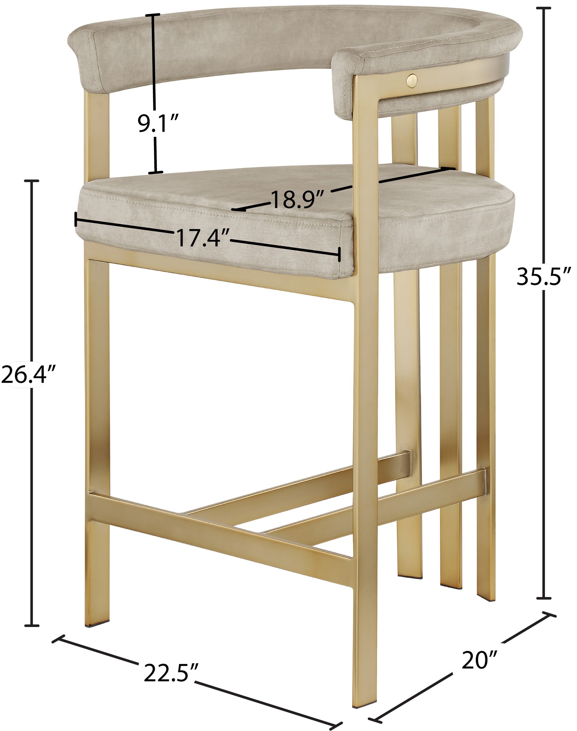 Marcello Velvet Counter Stool with Brushed Brass Frame