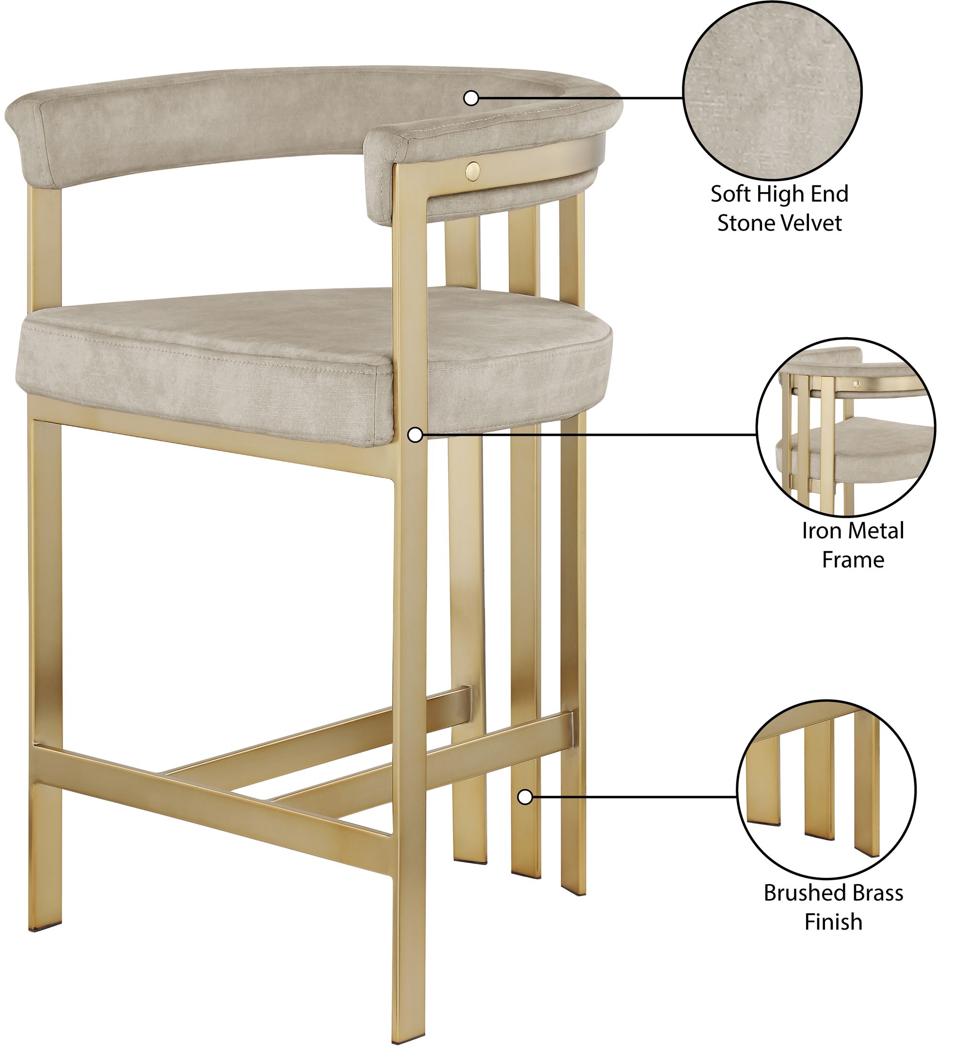 Marcello Velvet Counter Stool with Brushed Brass Frame